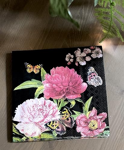 Miniatura 9 de 20 servilletas florales de 13 x 13 pulgadas, servilletas decorativas de peonía negras para decoupage, bonitas servilletas de papel floral para el