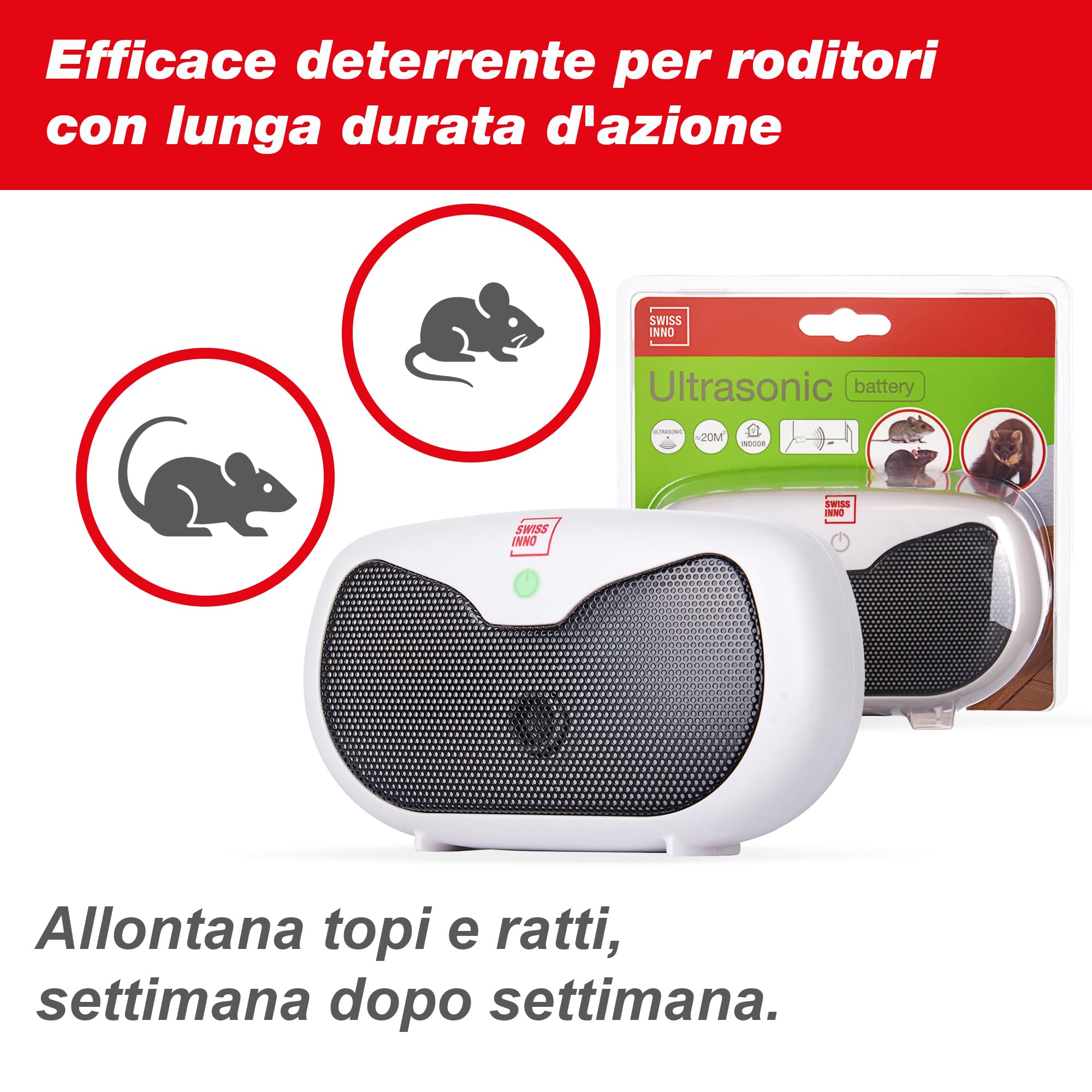 SWISSINNO Repellente a Ultrasuoni a Batteria 20 m² - Dispositivo Portatile Anti Topi e Ratti per Interni - Funzionamento Flessibile Senza Presa di Corrente - Ultrasuoni Contro Roditori e Martore