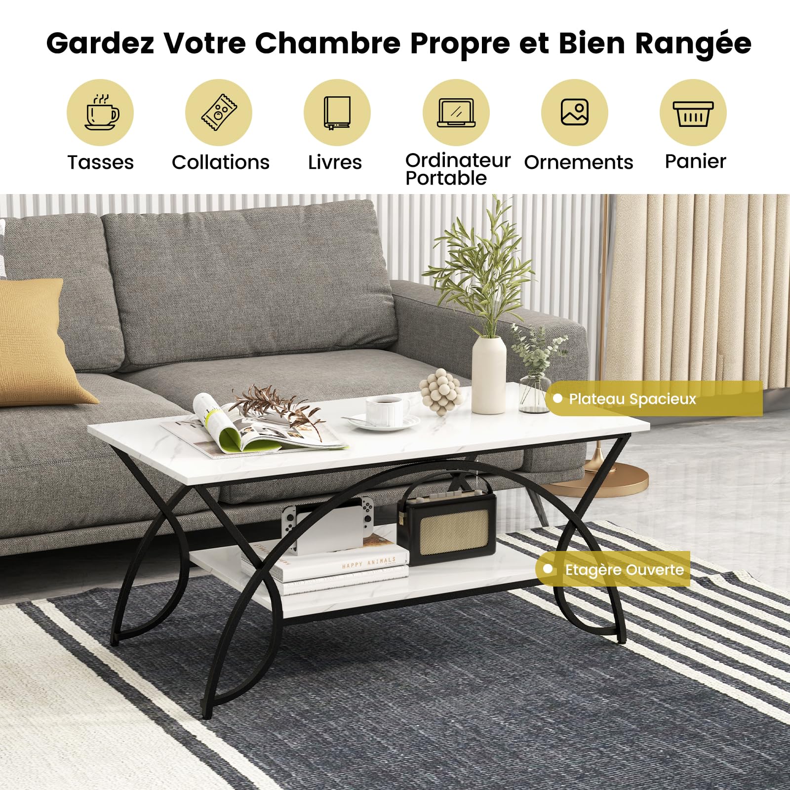GOPLUS Table Basse avec Plateau en Verre Trempé à 2 Niveaux avec
