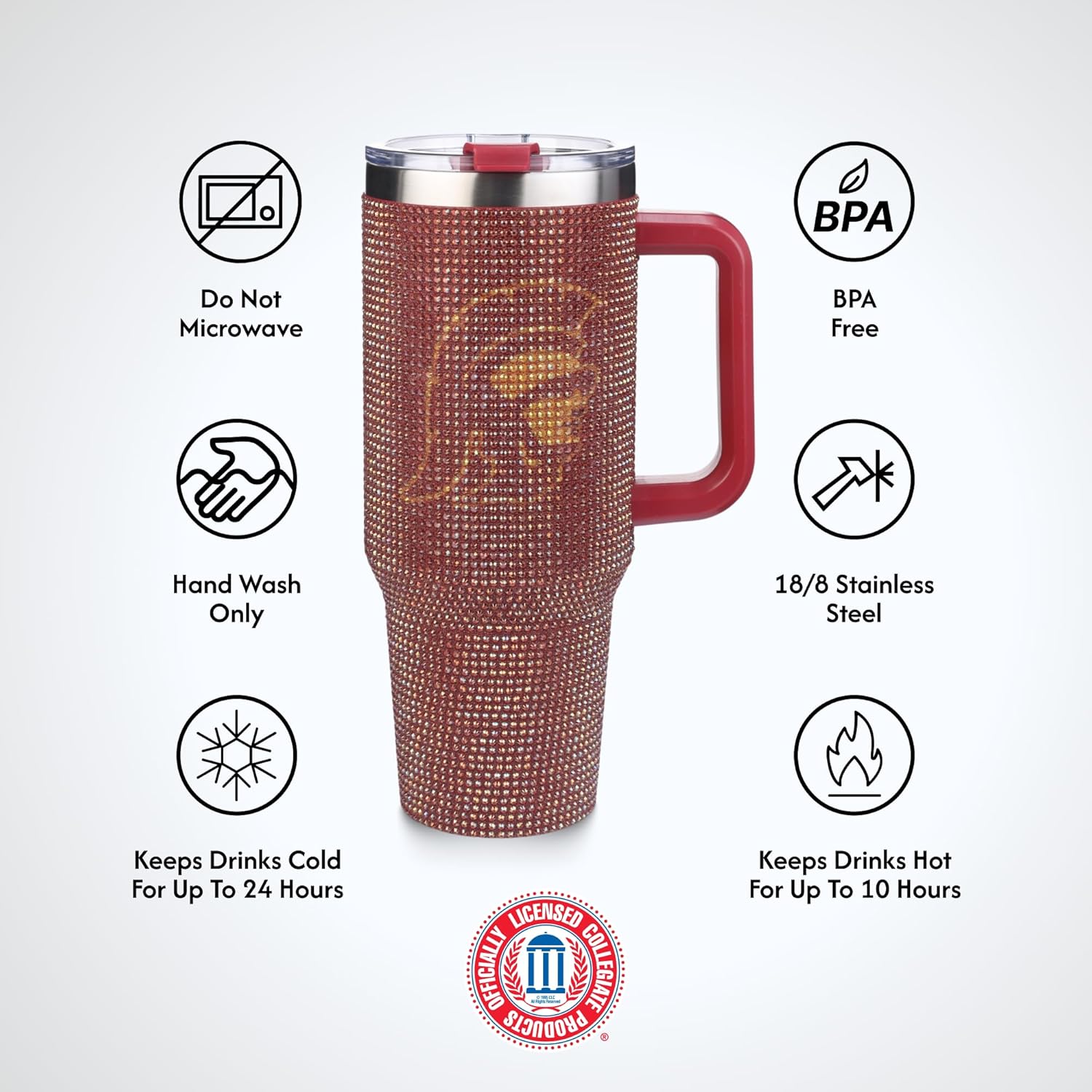 The Memory Company Officially Licensed NCAA 40oz Rhinestone-Embellished Game Day Tumbler, Stainless Steel Sports Water Bottle with Lid & Straw, Vacuum Insulated, For Hot & Cold Drinks - Image 7