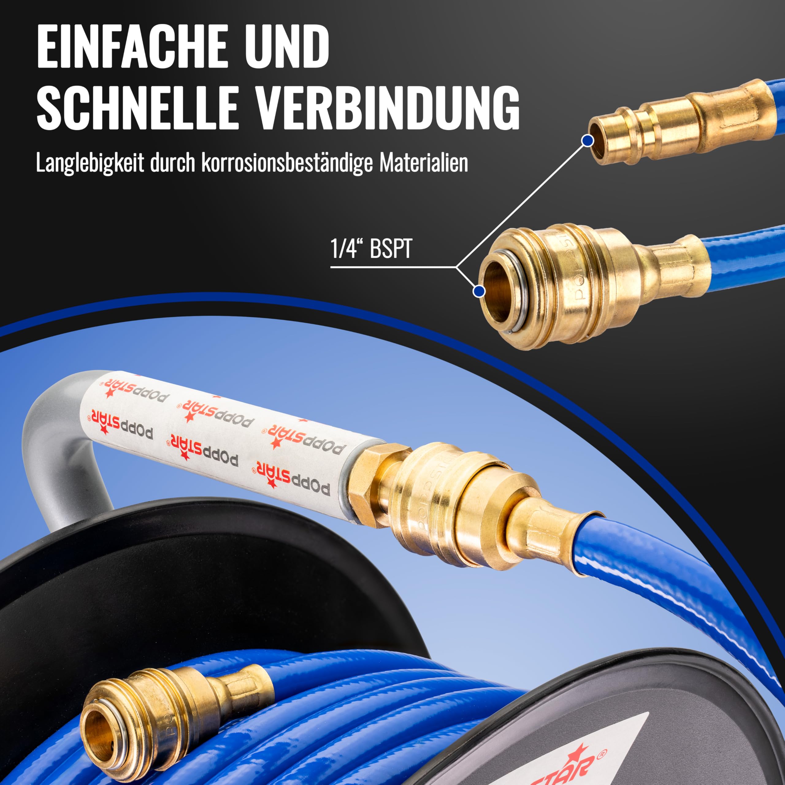 Poppstar Manuelle Druckluftschlauchtrommel aus PVC (20m+1,5m, Durchmesser (6x11,5mm)), Anschlüsse 1/4 Zoll BSPT