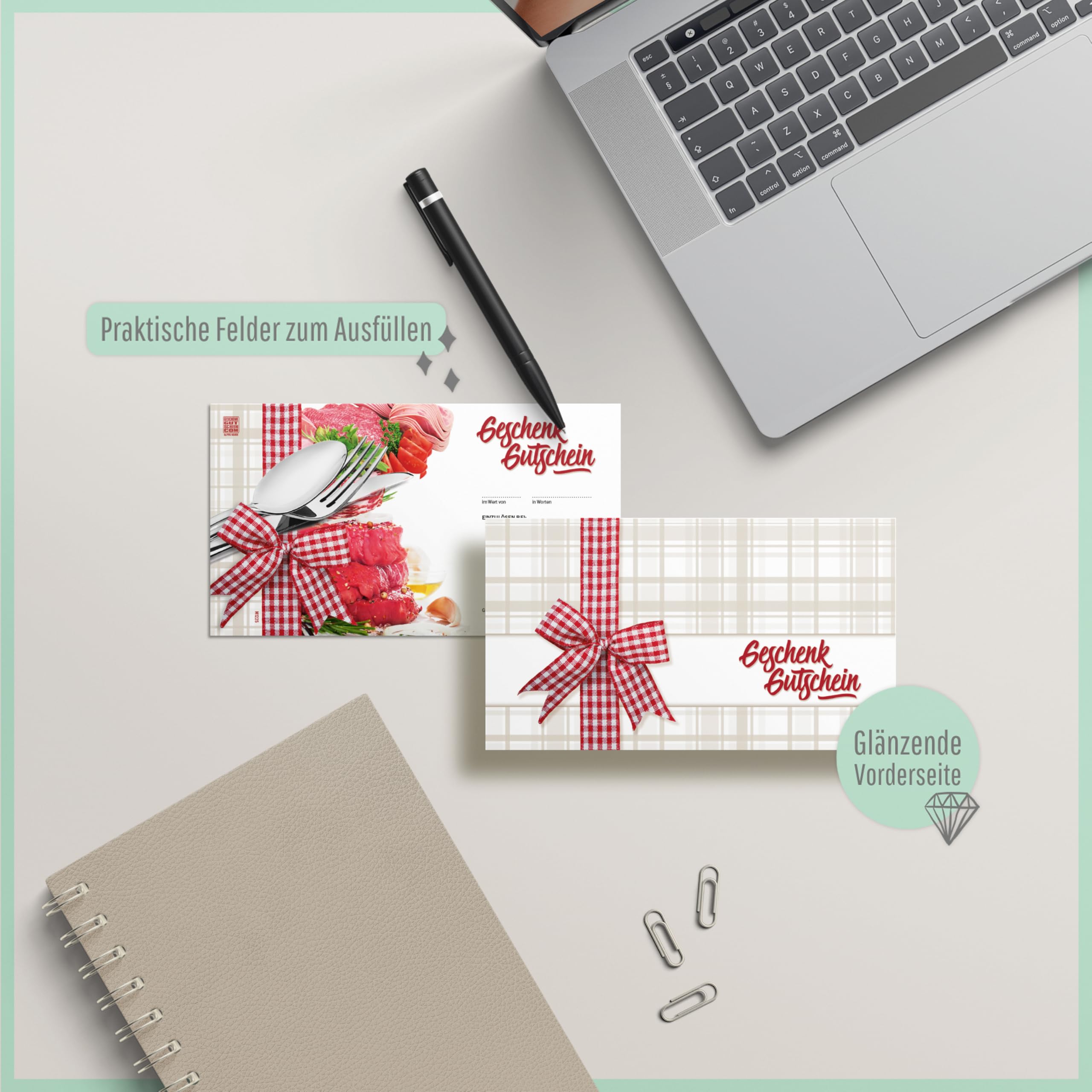 Gutschein-Set. 100x Gutschein + Kuvert. Für Metzgerei Fleischhauerei Fleischerei Unternehmen Firmen, blanko zum selber Ausfüllen.
