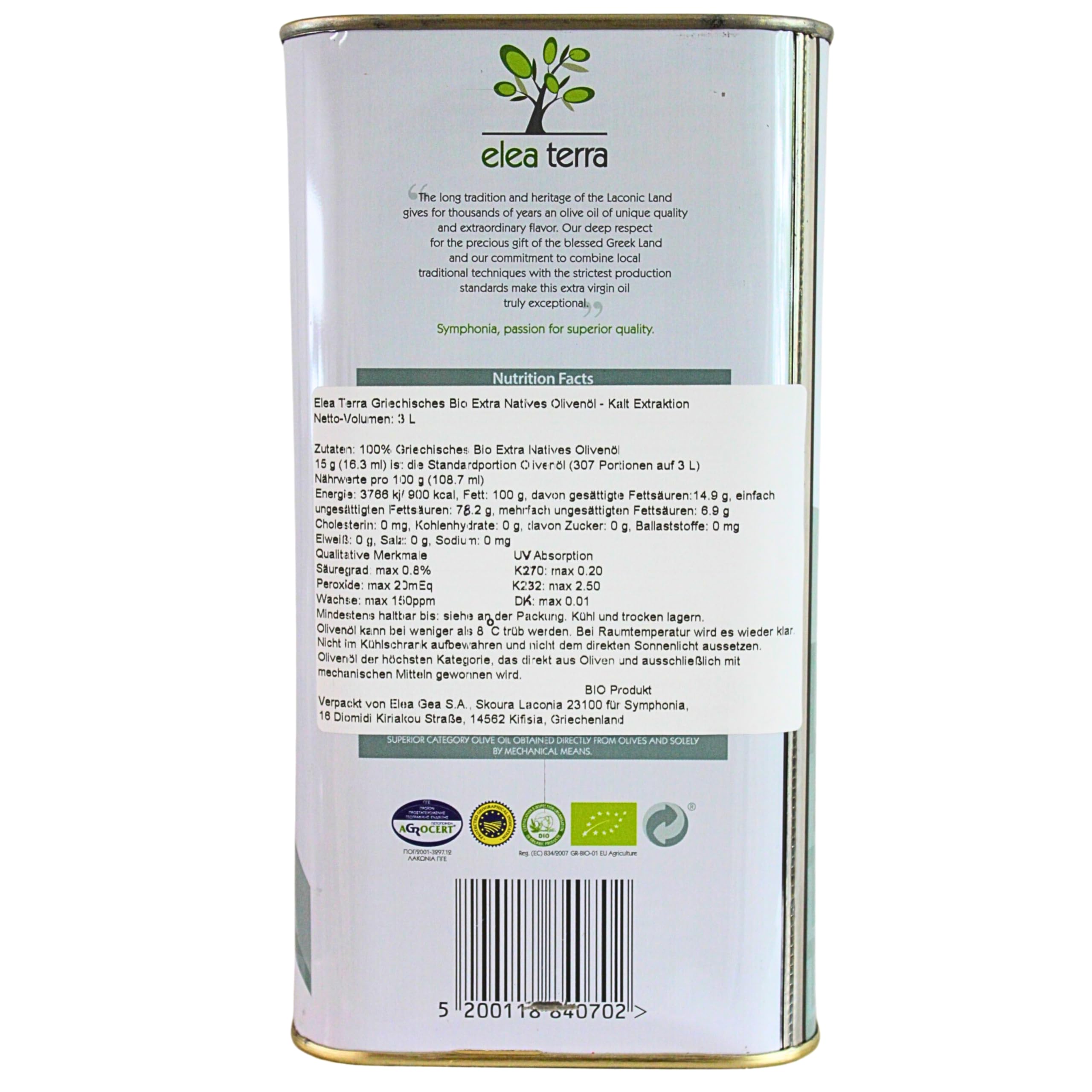Elea Terra Premium Bio Olivenöl nativ extra, 3L Dose | kalt extrahiert,erste Kaltpressung, geschützte Herkunft aus Lakonien,Griechenland –für feine Küche & gesunde Mittelmeerdiät