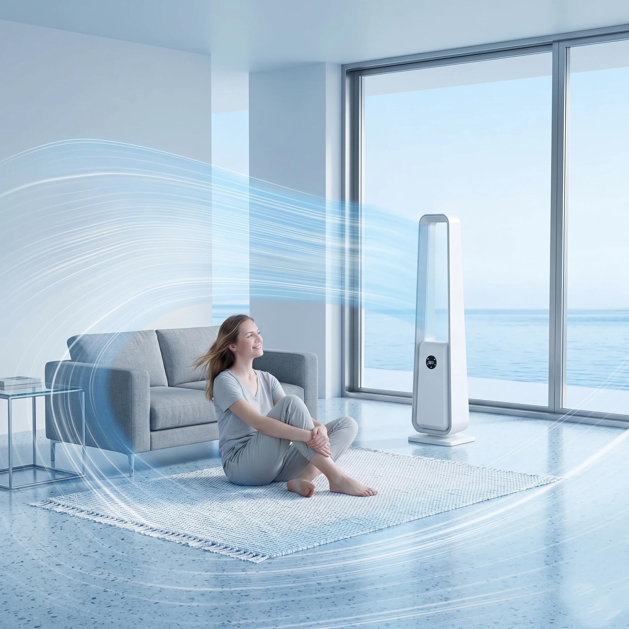 ThomP Ventilatore a Torre Senza Pale – Funzionamento Silenzioso, 24 Velocità, 3 Modalità, Oscillazione 75°, Timer 12H, 4 Colori LED, Telecomando per soggiorno, ufficio e camera