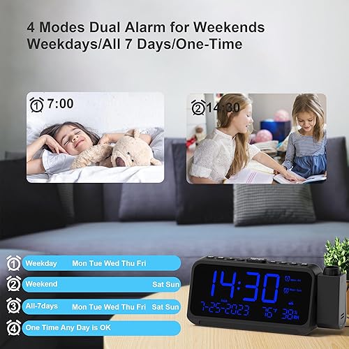 Miniatura 6 de Projection Alarm Clock for Bedroom with WeekdayWeekend Mode,Digital Clock with 350 Rotatable Projector,5-Level Dimmer,Adjustable Volume,Temp &