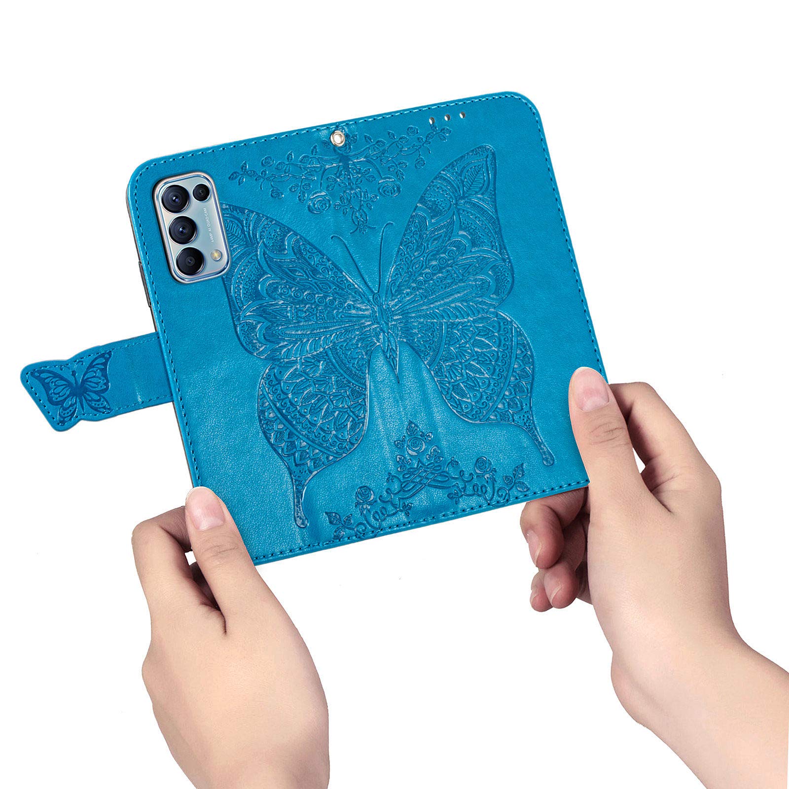 Custodia Portafoglio In Pelle Per OPPO Find X3 Lite 5G, Con Farfalle 3D, Porta Carte, Supporto Stand, Chiusura Magnetica, TPU Interno, Blu - 3