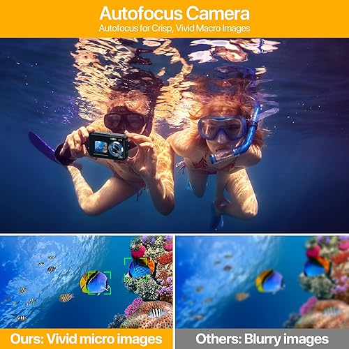 Miniatura 5 de Cámaras subacuáticas, cámara digital impermeable 4K de 48 MP, función de enfoque automático para selfie, pantallas duales con zoom digital de 16X,