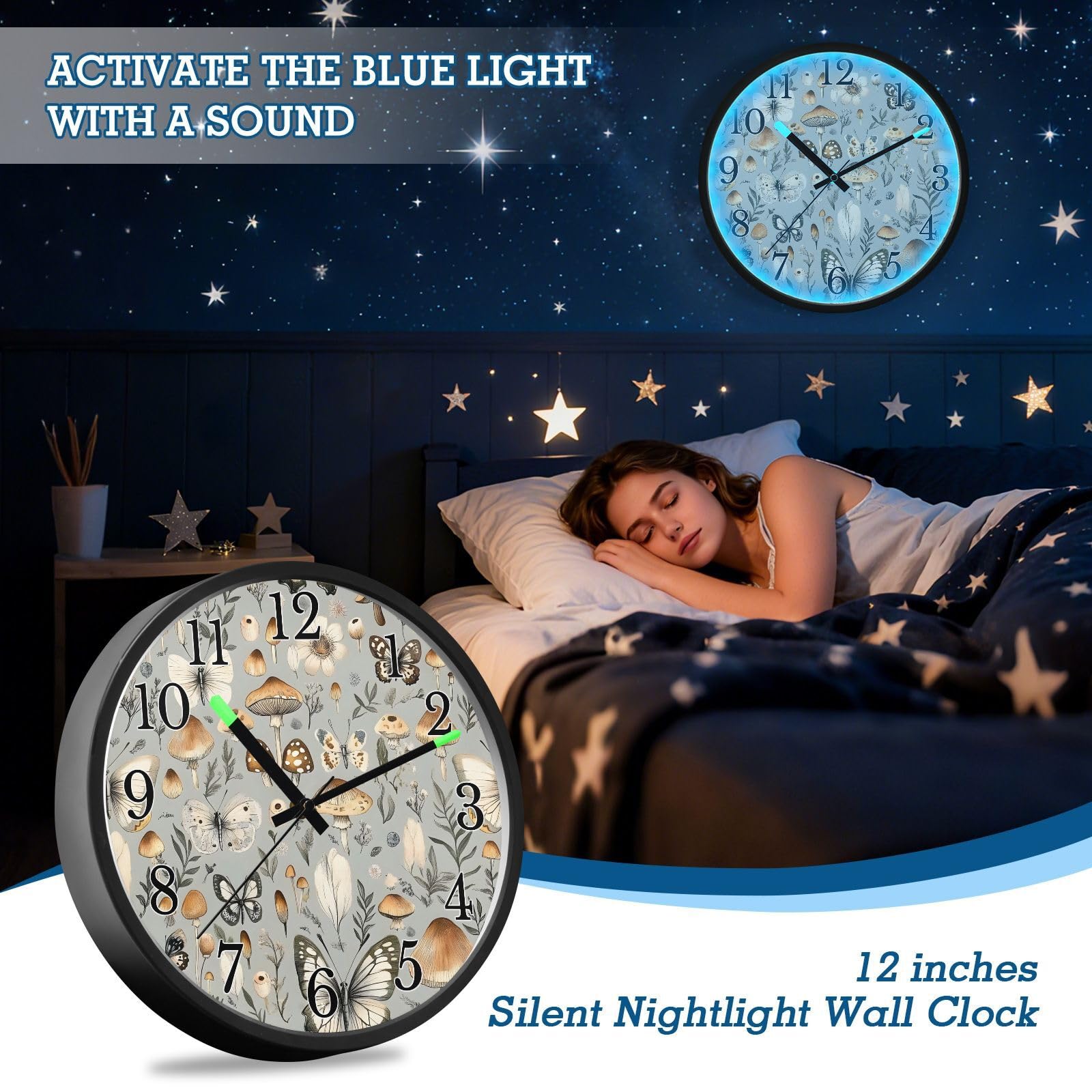 Mnsruu Reloj de pared luminoso con diseño de mariposa y hongo, color gris, reloj de pared que brilla en la oscuridad, funciona con pilas, reloj silencioso de 30,5 cm con luz nocturna para dormitorio