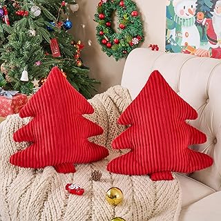 Lanpn Christmas Tree Pillows Set of 2, Christmas Decoration Narrow Stripes Winter Plush Throw Pillow Soft Cute 3D Shaped Xmas Tree Throw Cushion for Sofa Bedroom Xmas Decor (18x16 inch, Red)
