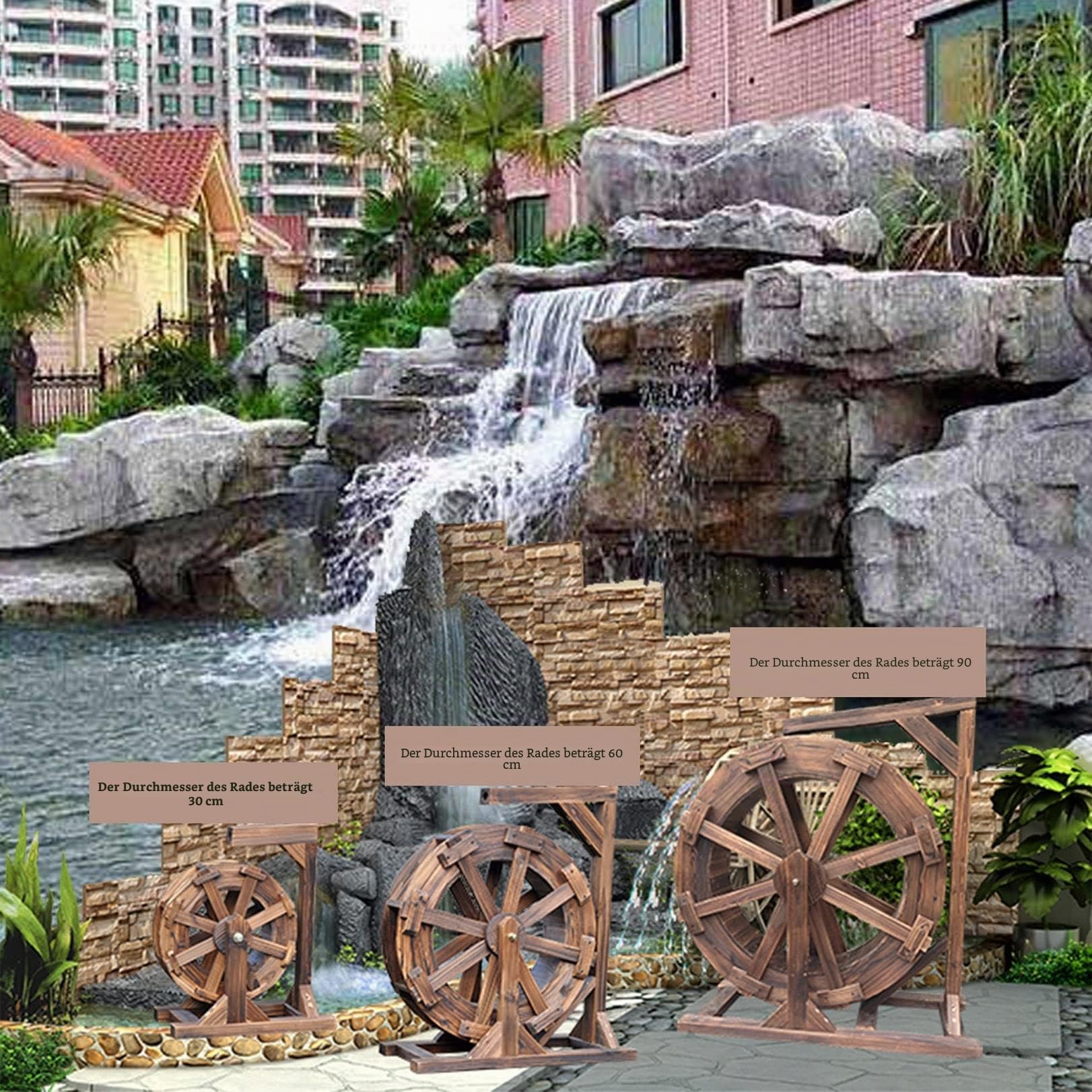 Holz Wassermühle Wasserspiel Garten Brunnen Wasserrad Gartendekoration Water Fountain Wasserfall Im Freien Wasserradbrunnen Wheels Wasserlandschaft Handgemacht für teich,Patio,Yard,Aquarium,Terrasse