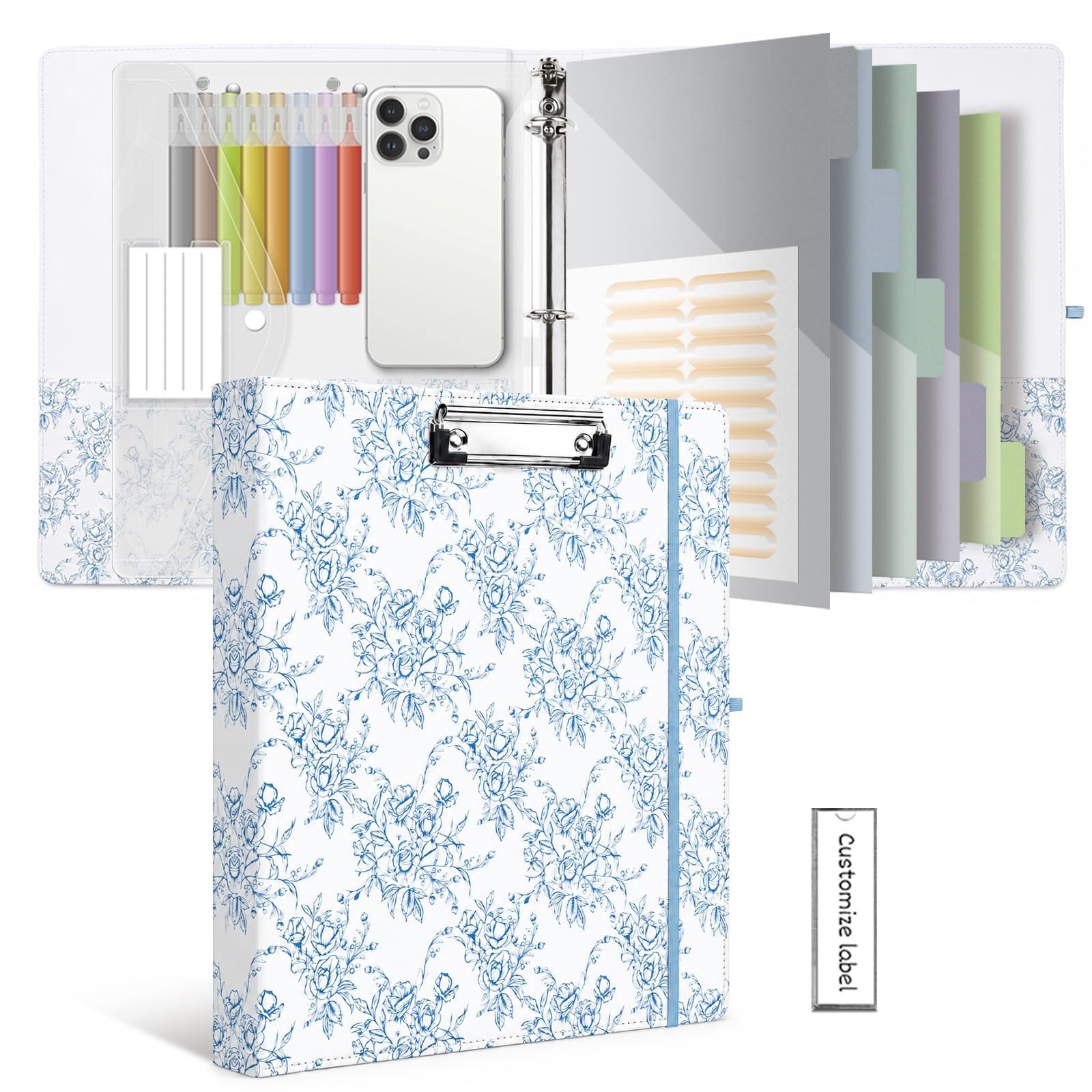 Classeur à 3 anneaux, classeur en cuir de 2,5 cm avec presse-papiers, intercalaires à 5 onglets, 18 intercalaires, dossier en plastique, porte-stylo (fleur bleue, format lettre)
