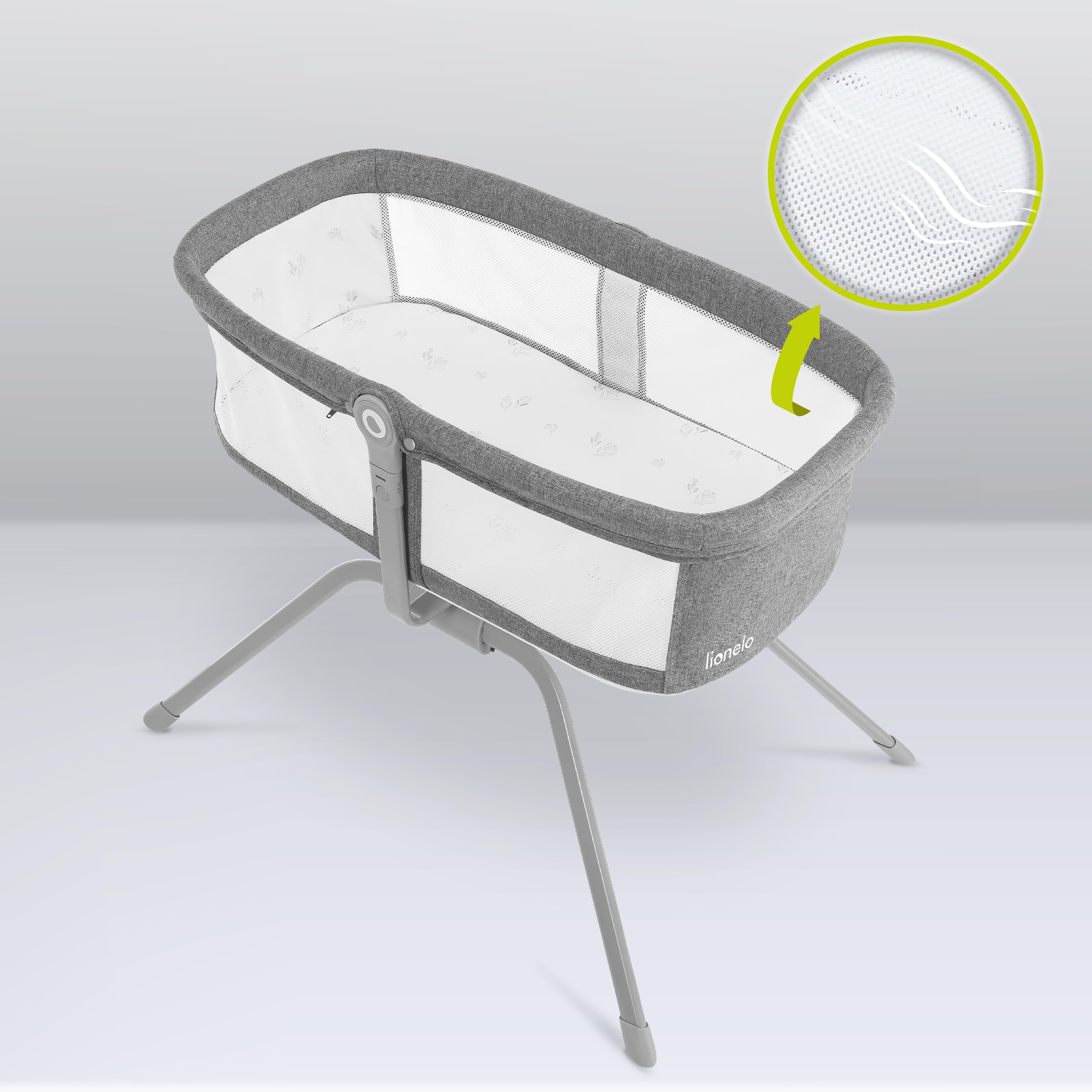 lionelo Malin EVO 3in1 Culla neonato e Lettino da viaggio con materasso per bambini da 0 a 9 kg Leggera e pieghevole Sistema a dondolo Regolazione, Montaggio veloce Lati in rete Cappottina Zanzariera