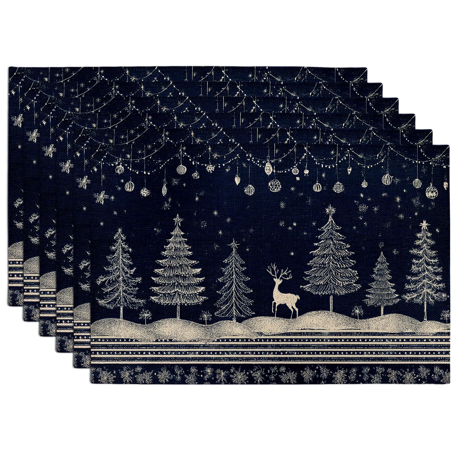 Winter Holiday Deer and Trees Placemats, Navy Blue Festive Table Mats for Christmas Dining, Non-Slip Washable Indoor Outdoor Decorative Placemat Set of 4