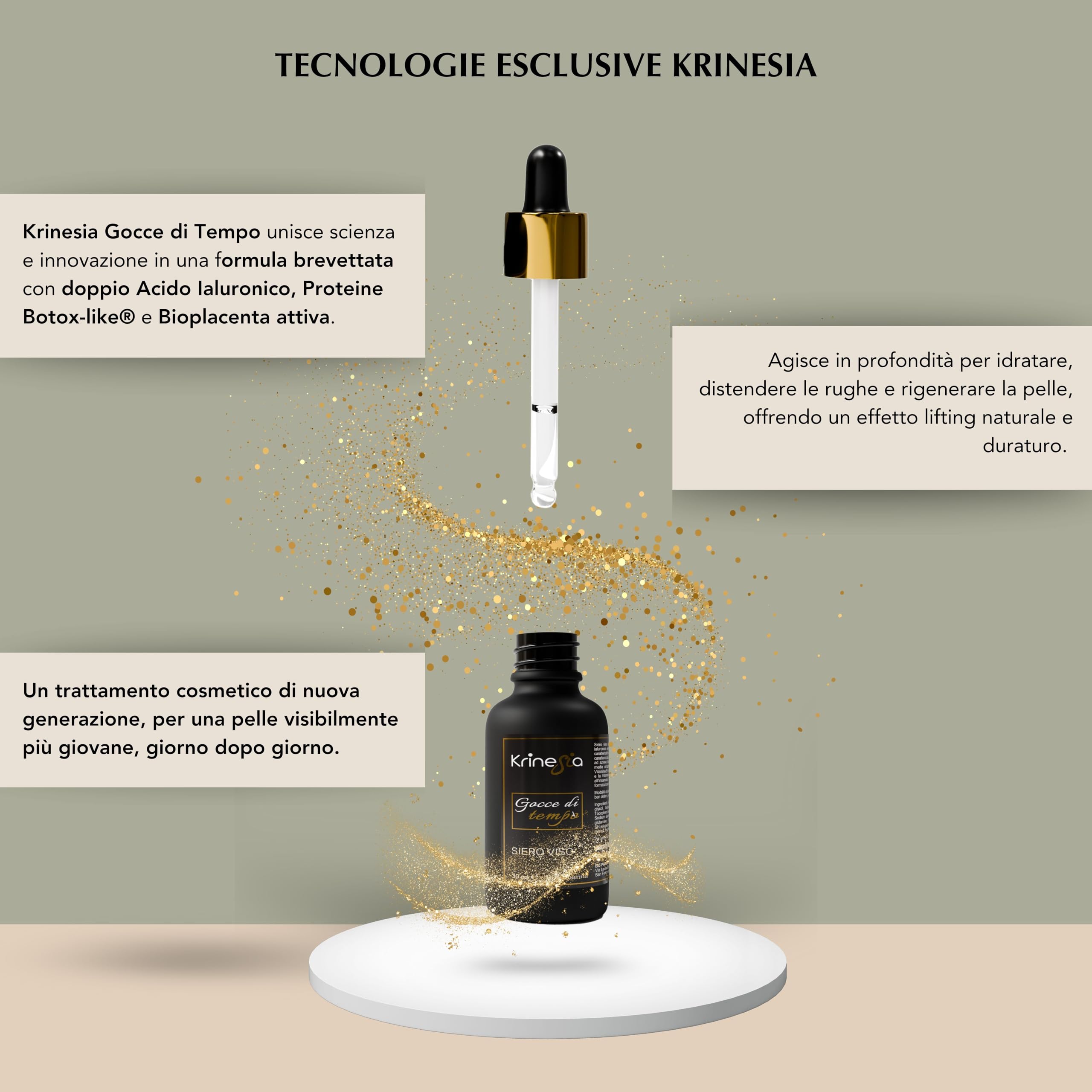 Krinesia Gocce di Tempo Hyaluronsäure Gesicht | Anti-Aging Hyaluronsäure Gesichtsserum mit Vitamin C, Bioplacenta und Botox-like® Proteinen | Feuchtigkeitsspendend, straffend, Made in Italy - 30 ml