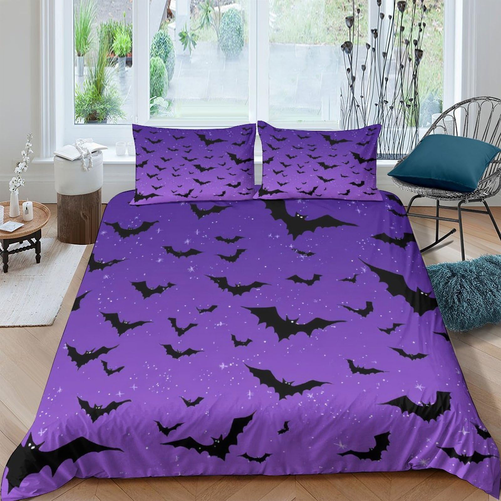 GPLZQXKJNH 3D Printed Purple Bats Duvet Cover Microfiber Soft Breathable Halloween Gothic Quilt Cover Set with 2 Pillowcases for Bedroom Decor Single（135x200cm）