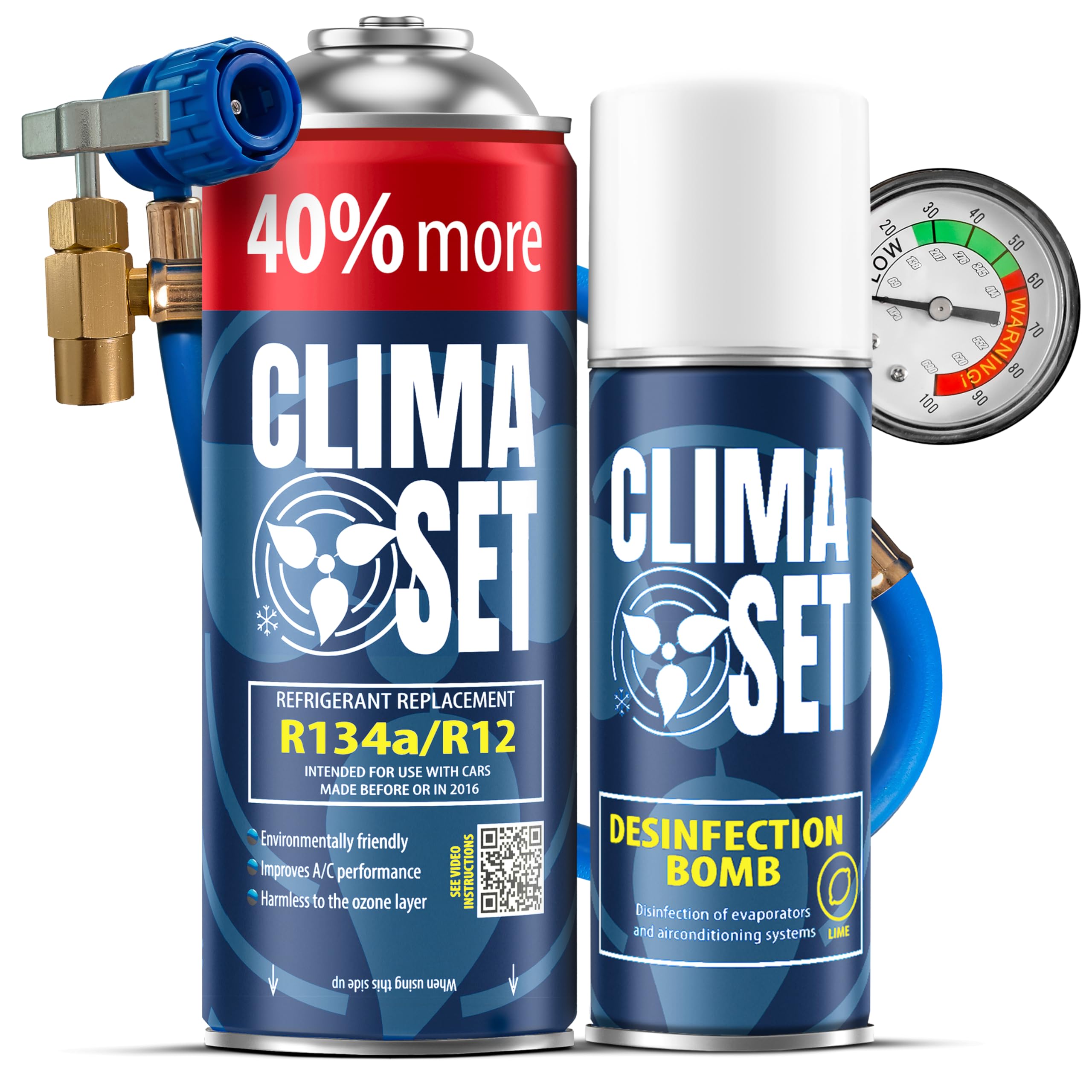 ClimaSet - Gas di ricarica per climatizzatori r134a XL, detergente per climatizzatori e tubo flessibile - Kit Ricarica Gas AC - Kit Ricarica Climatizzatore Auto - 235 g