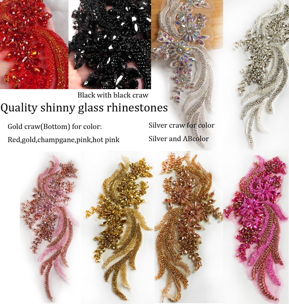 1 Pair Hand-Made Beaded Rhinestons DIY Clothing Appliques Patch,14.5" *4.8" Wedding Dress Decoration,Gold Flower Applique by Pair