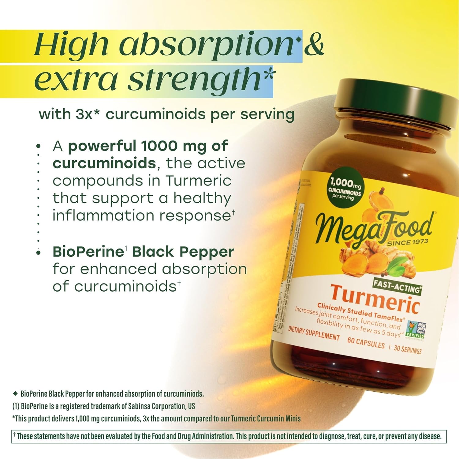 MegaFood Fast-Acting Turmeric Supplement - Clinically Studied - Joint Supplements for Men and Women - with Black Pepper for Absorption - 1,000 mg Curcuminoids Per Serving - 60 Capsules, 30 Servings