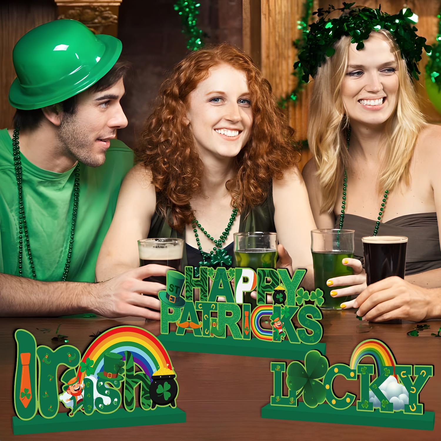 4pcs St Patricks Day Decorations Wooden Table Signs,Happy Saint Patricks Day Table Decorations Green Irish Lucky Shamrock, Leprechaun St. Patricks Day Decorations for Holiday Party
