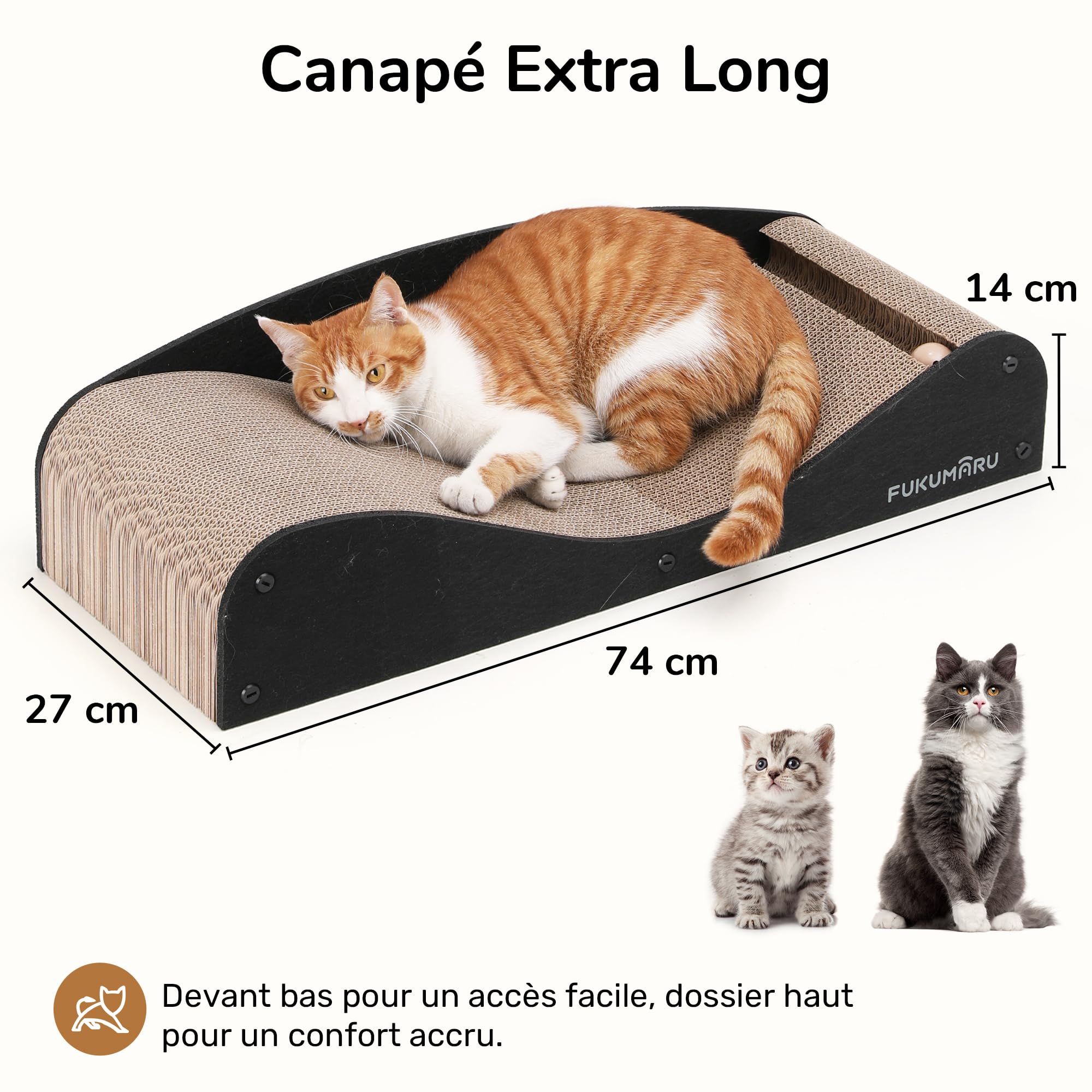 FUKUMARU Grattoir pour Chat, 73,9 cm Extra Long Lit Canapé en Carton d'Intérieur, Récréation Multifonctionnelle en Feutre Naturel, Tapis de Griffure Horizontal avec Balle Jouet, Noir