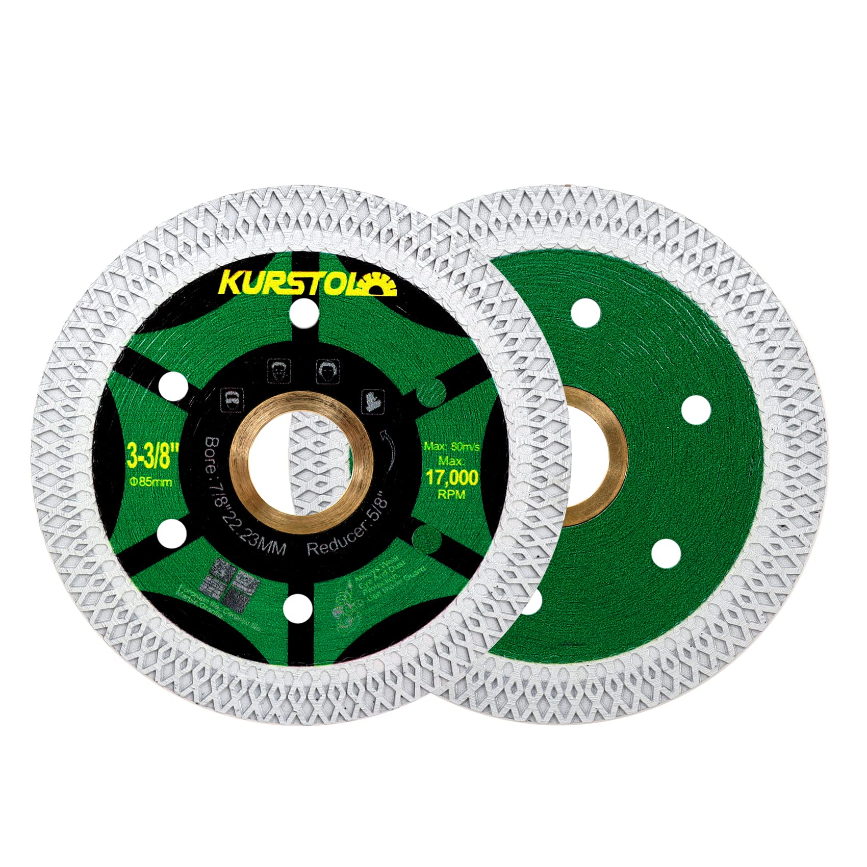 KURSTOL Diamond Tile Cutting Disc - 2pcs 3-3/8"/85mm Super Thin Diamond Cutting Wheel Wheel,Bore 22.23-15.875mm for Porcelain Tile Ceramic Marble Granite