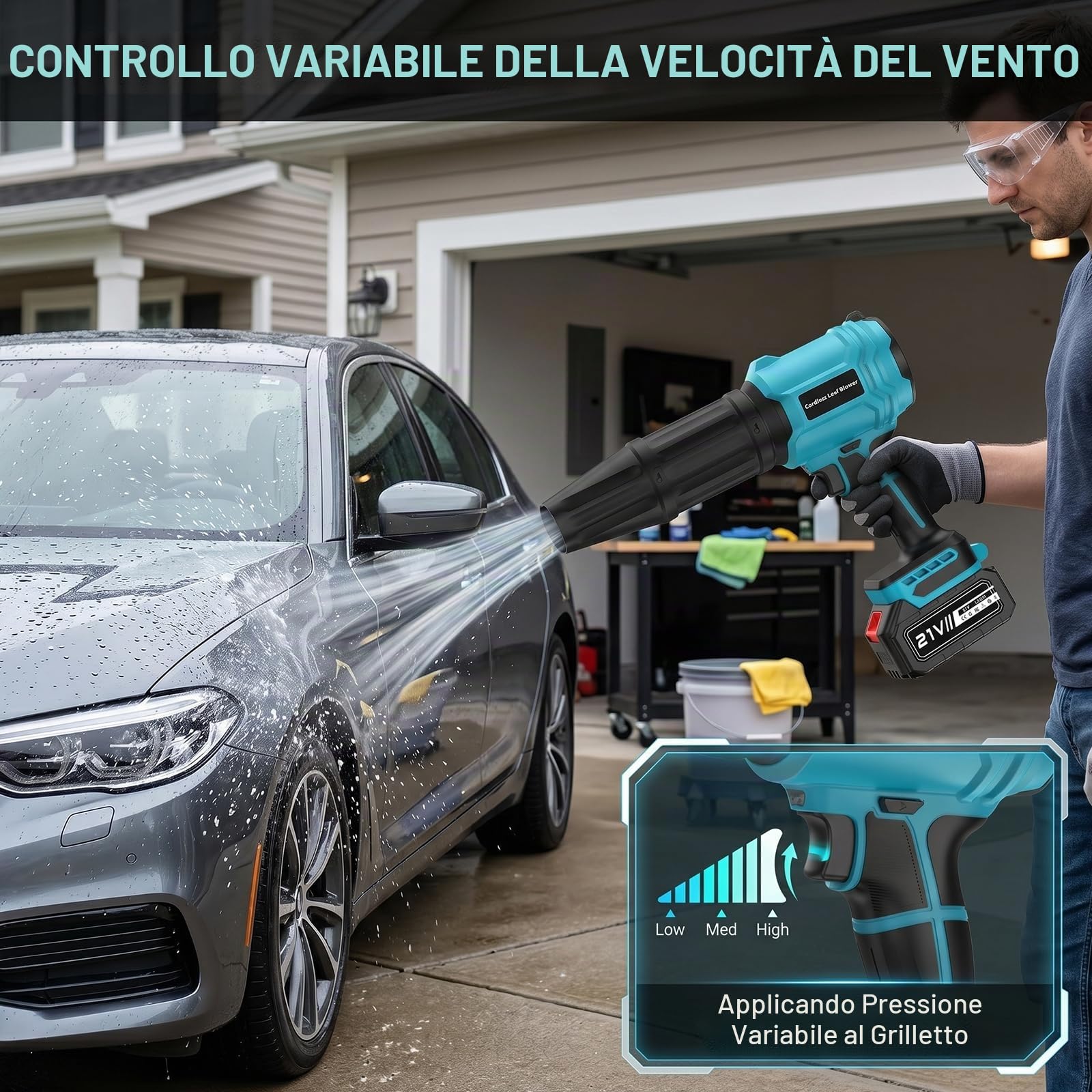 Soffiatore a batteria con 2 batterie da 4,0 Ah, motore turbo da 800.000 giri/min, velocità dell'aria 65 m/s, soffiatore senza fili con regolazione continua e 2 tubi di soffiaggio per giardino