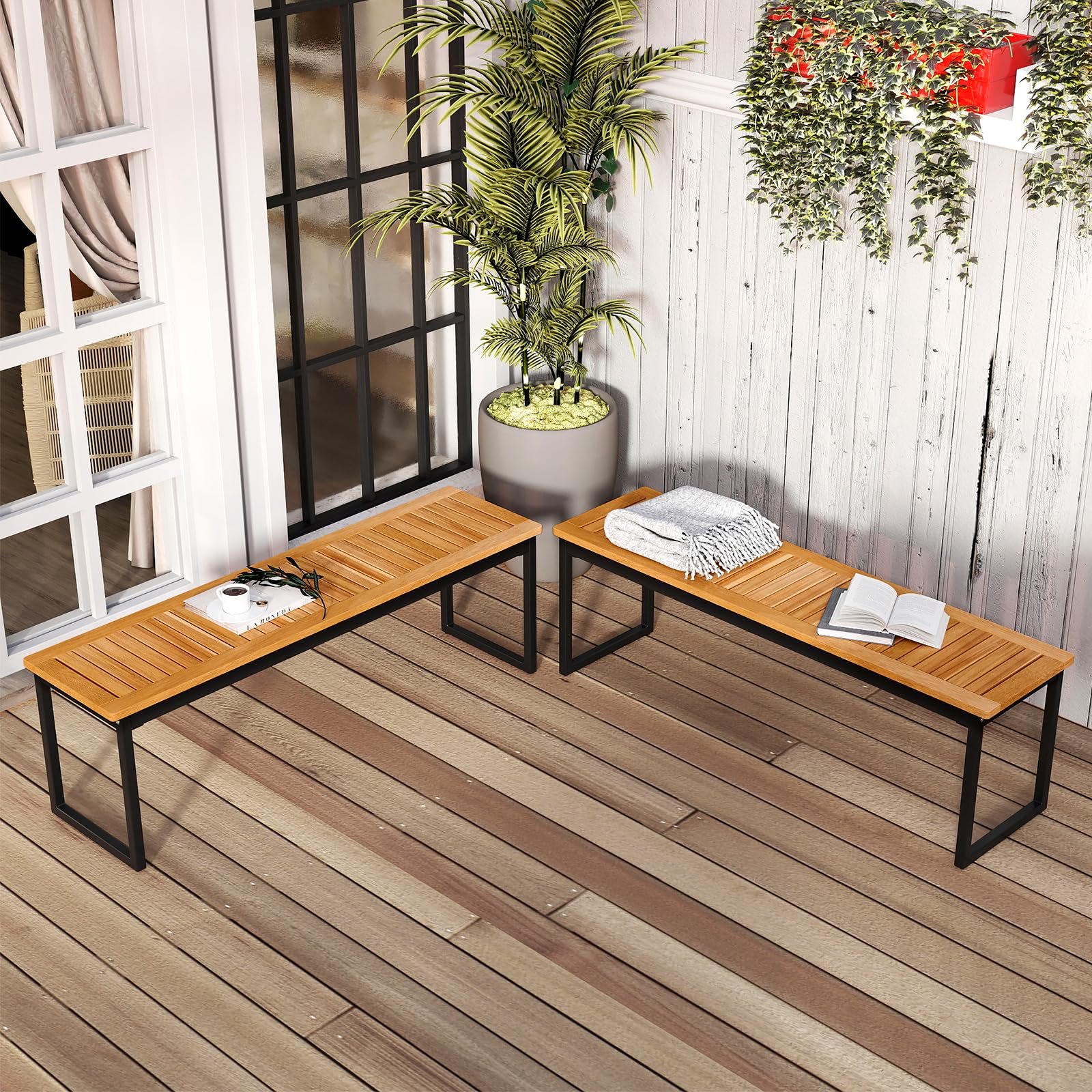 Tangkula Patio Dining Bench Set of 2, 2-3-person Backless Bench with Slatted Seat & Metal Legs, Indoor Outdoor Bench for Entryway, Front Porch, Garden, Poolside, Farmhouse Kitchen Dining Seat