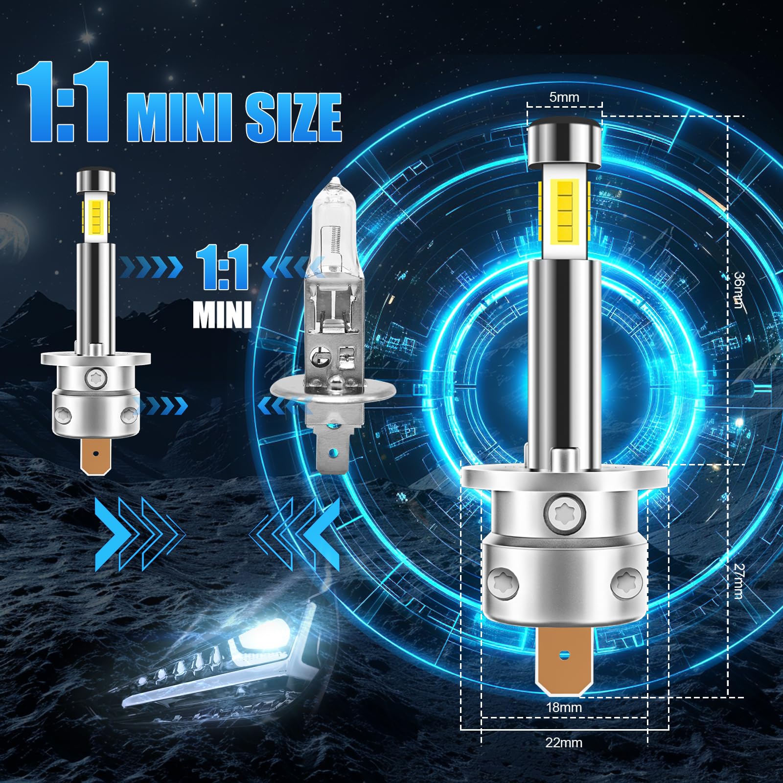 AUXIRACER H1 LED Bombillas, 360°6500K Blanco 500% Más Brillante, H1 LED Adecuada para la Luz Antiniebla del Automóvil Plug and Play, 2 piezas