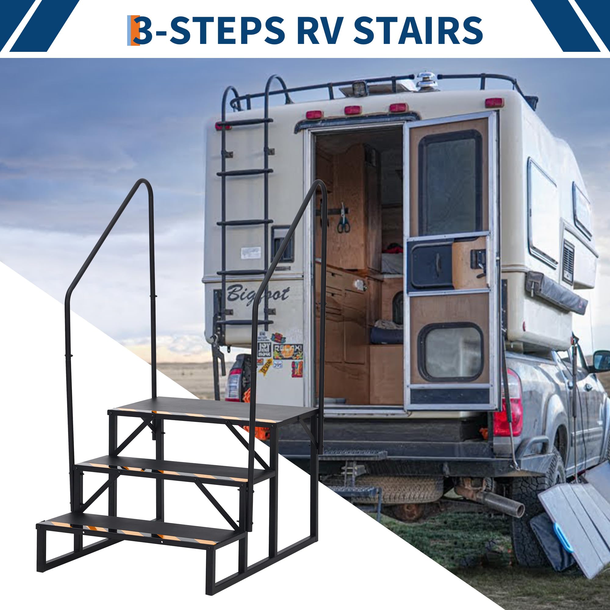 Escalera para autocaravana, escalón de autocaravana de 3 niveles con 2 pasamanos, escalón con plataforma antideslizante ancha, capacidad de carga de 200 kg para seguro, para autocaravana, remolque