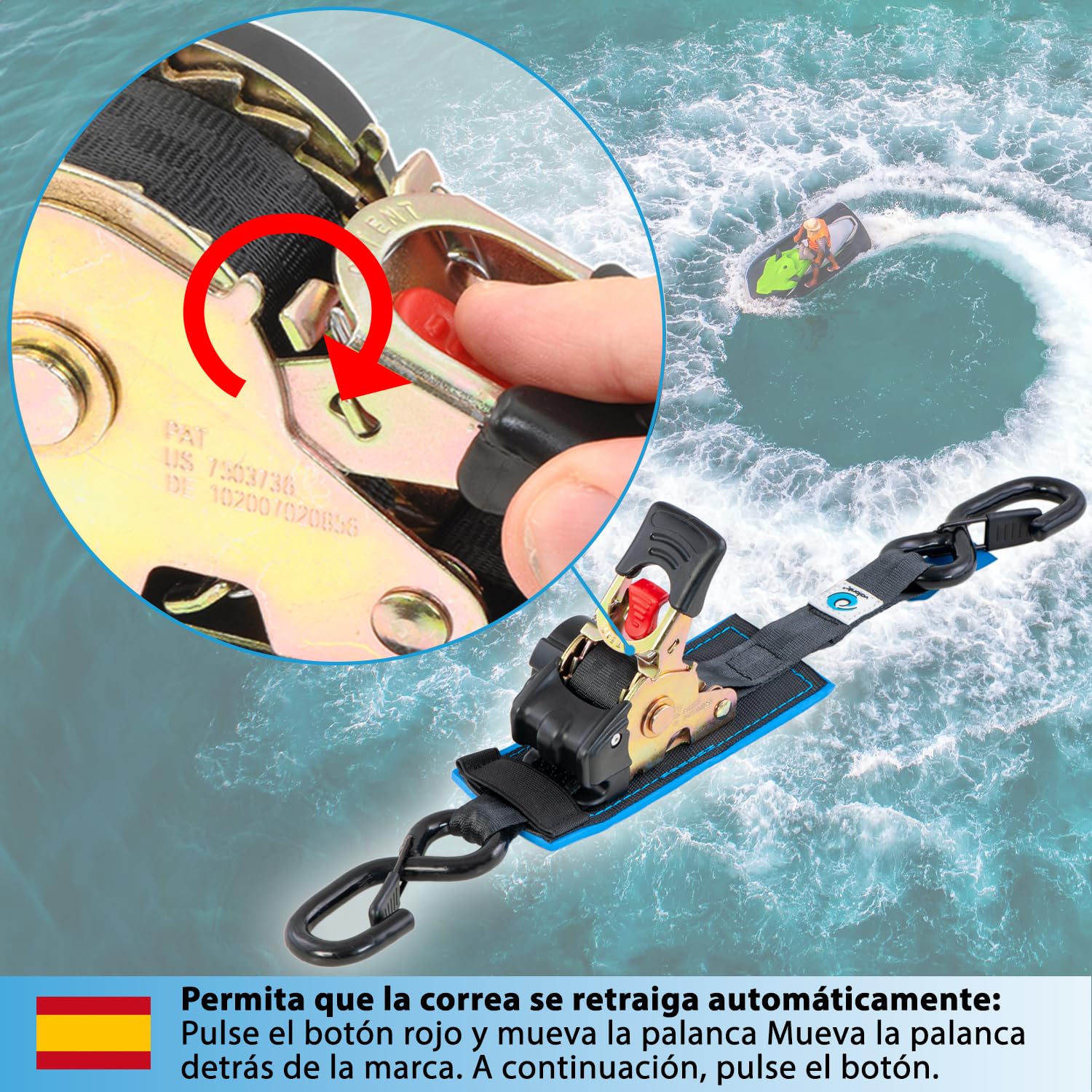 valonic Racoon - 2X 1,8m eslingas automáticas con carraca y Gancho, 25mm, 300/600 Kg, Acolchado, EN-12195-2 - cinchas de Amarre con trinquete, para Sup Board o Moto, Negro