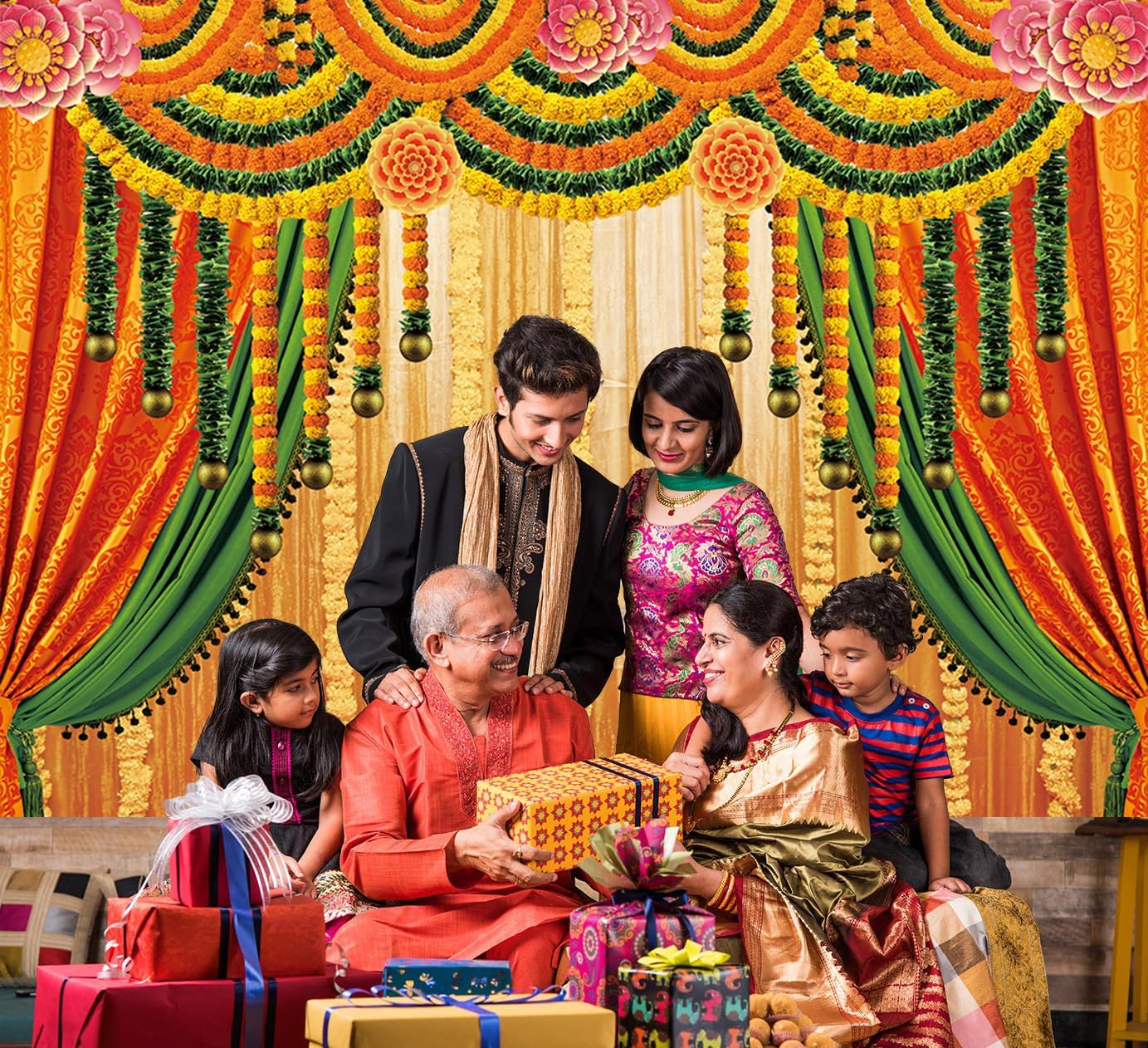 Indian Pooja Traditional Backdrop Indian Religious Festival Marigold Yellow Curtain Background Diwali Puja Ganpati Pooja Mehndi Wedding Party Decoration 7x5FT