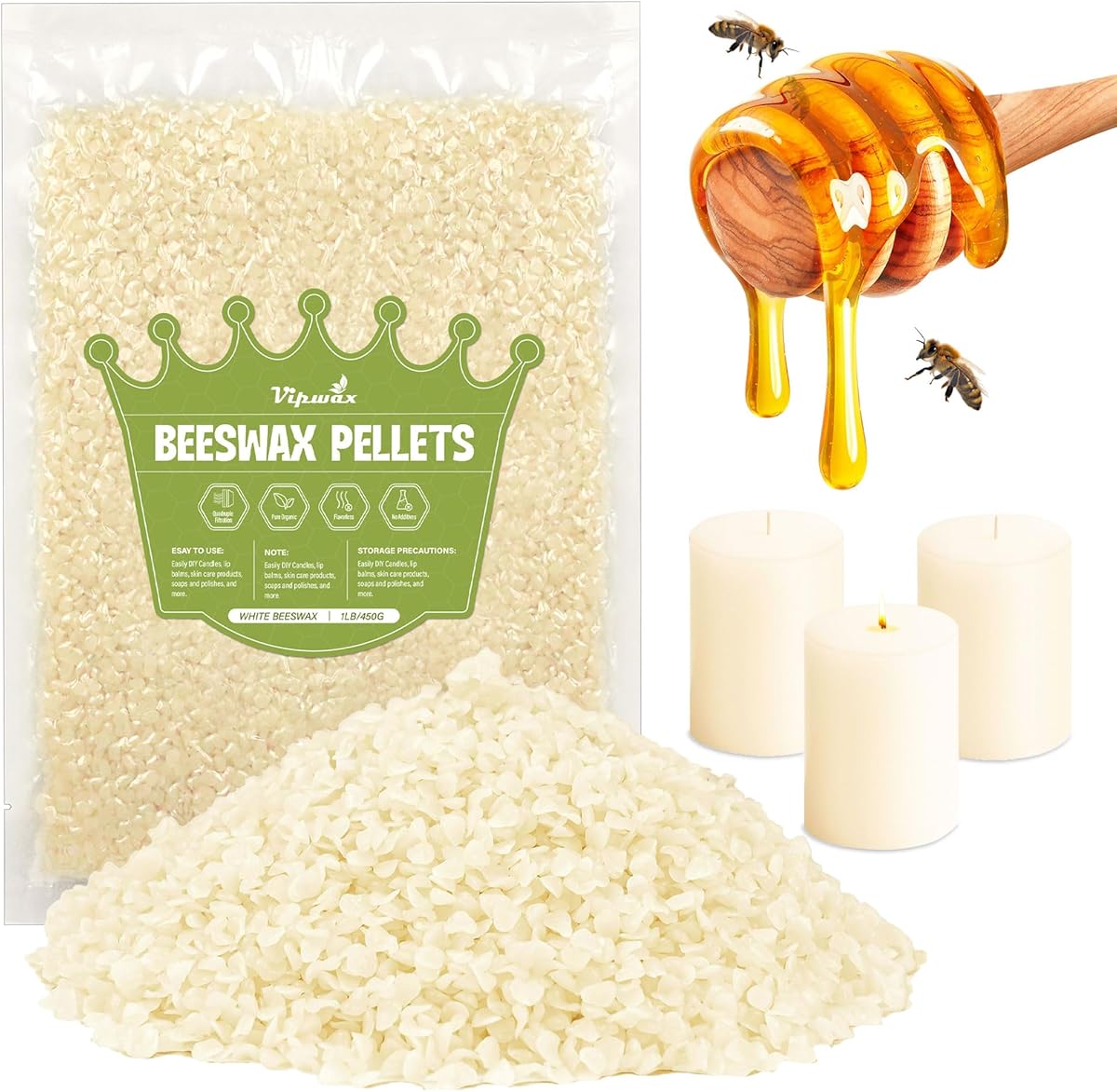 VIPwax White Beeswax Pellets 1LB, Natural Organic Beeswax, Beeswax for Candle Making, Body, Skin Care DIY, Lip Balm and Soap Making Supplies
