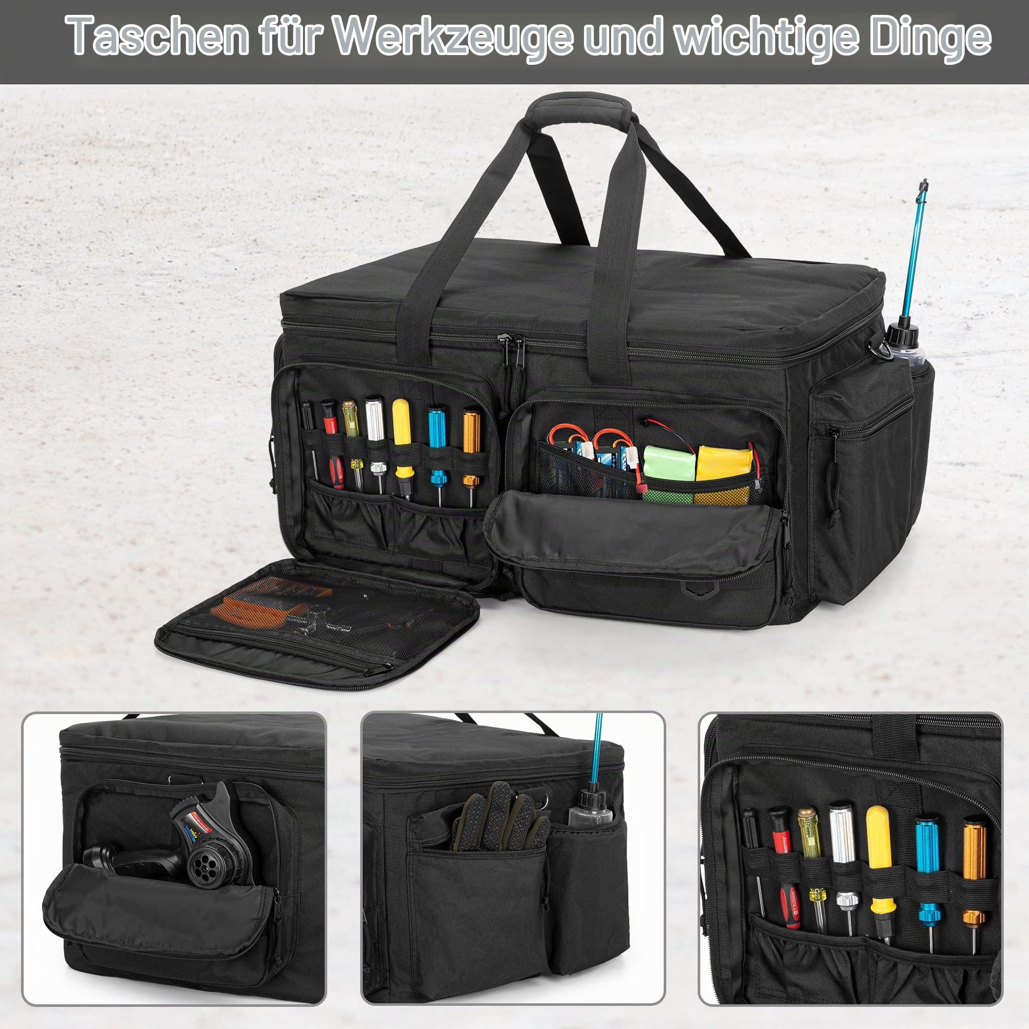 GOBUROS RC-Aufbewahrungstasche für 1/8 & 1/10-Autos, RC-Tragetasche | mit unterer Solider Schindel zur Unterstützung und Mehreren Taschen für RC-Werkzeuge