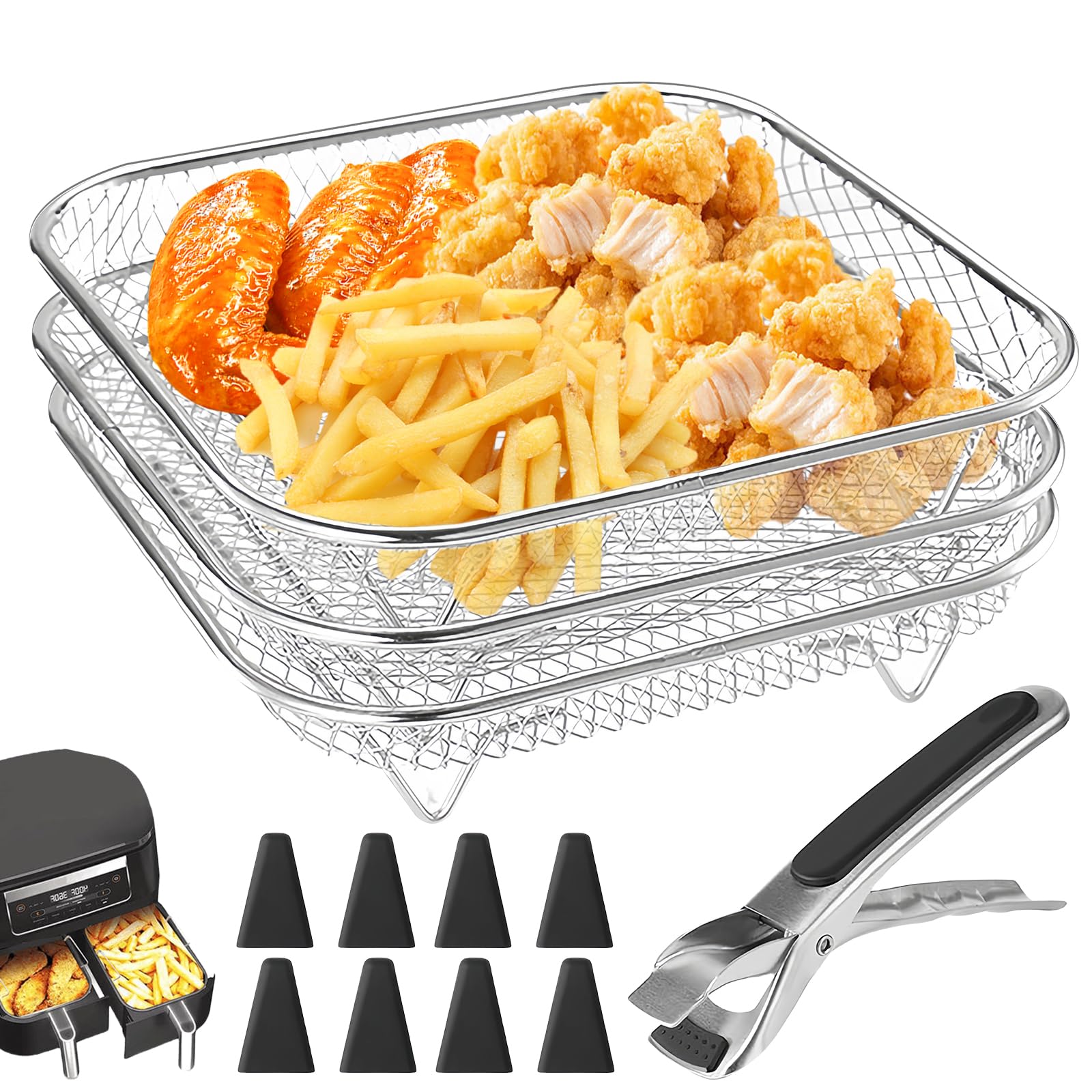 3 cesti griglia per friggitrice ad aria calda: 304 in acciaio inox con 8 piedini in silicone, cesti in acciaio inox, cesti impilabili per airfryer, friggitrice ad aria (quadrato)