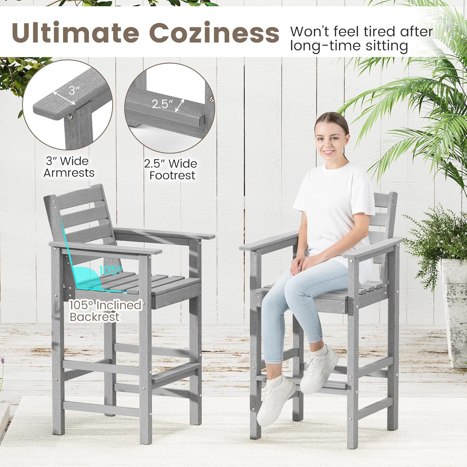 Tangkula Patio Adirondack Chairs Set of 2, HDPE Bar Height Chair with Wide Armrests & Footrest, Outdoor High-Top Slatted Bar Chairs with Backrest for Backyard, Lawn, Poolside (Grey)