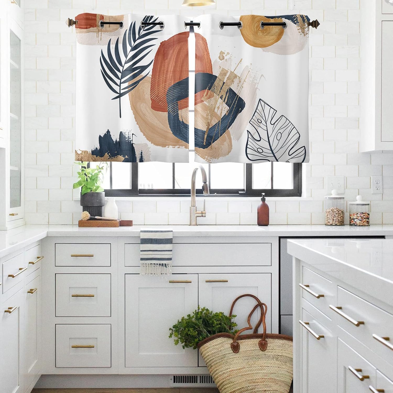 2 Panel Kitchen Curtains Abstract Geometric Mid Century Tropical Leaf  Window Curtain Sunlight Filter Privacy Drapes Terracotta Color Block  Minimalist ...