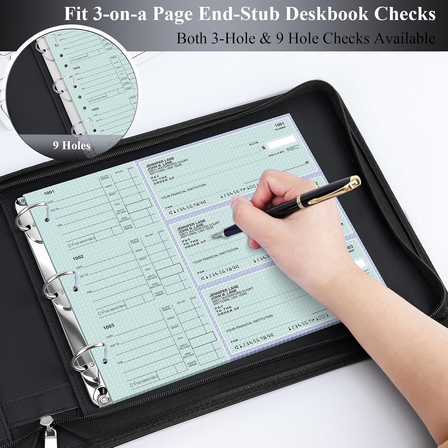 Zipper 3 Ring Personal Check Binder for 3-on-a-Page End-Stub Deskbook, Fits 3 & 9-Hole Personal Checks, PU Leather Checkbook Cover Built-in Storage Organizer, 600 Checks Capacity, Black