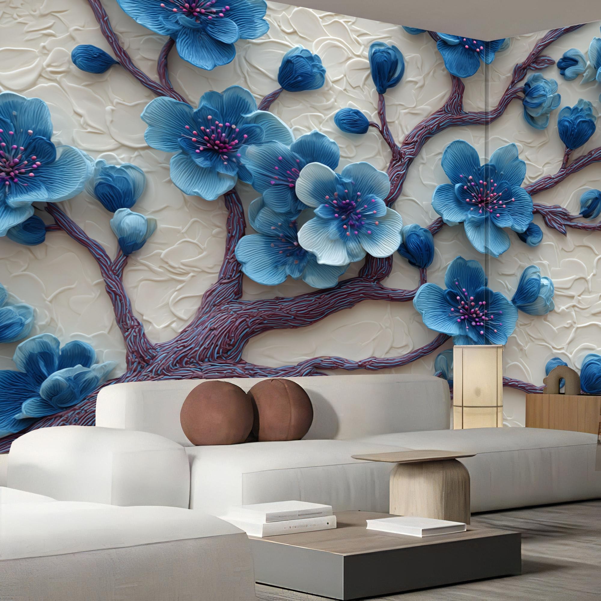 Carta Da Parati Fiori Ciliegio Ramoscelli 400×280cm Wallpaper Carta Da Parati Murale 3D, Rilievo Piante Fotomurali Moderni Per Soggiorno E Camera Da Letto, XXL Decorazione Murale 3D, Bianco