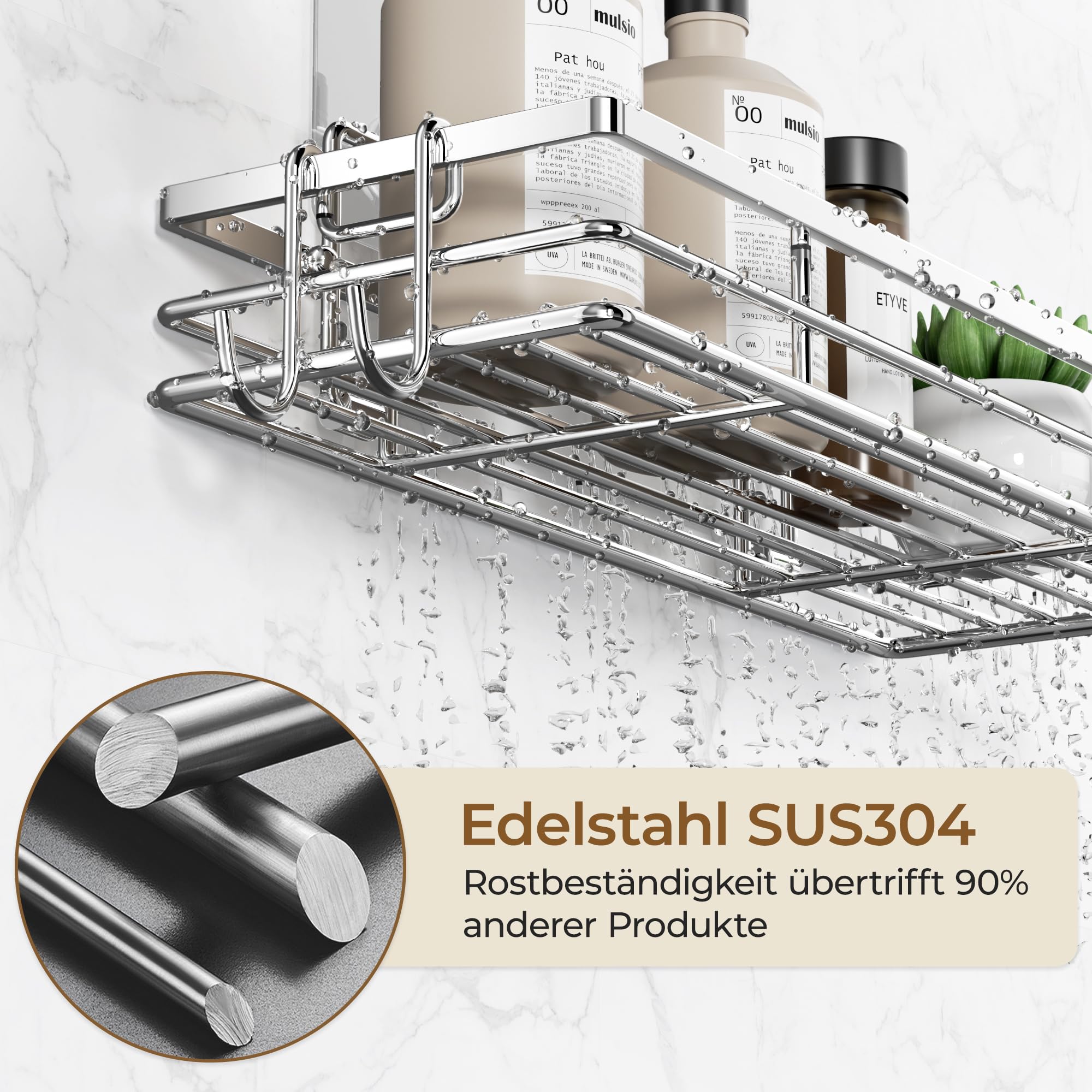 Pickpiff Mensola per doccia senza foratura SUS304 in acciaio inox, 2 pezzi, mensola doccia con 2 ganci, organizer bagno, supporto per shampoo per doccia autoadesivo