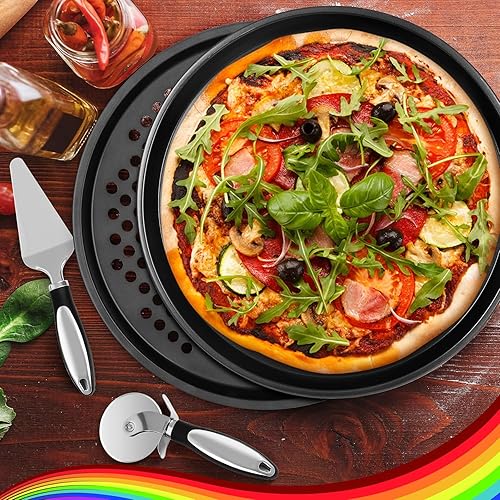 Miniatura 6 de Fat-Cat Kit de fabricación de pizza (juego de 8 piezas) con bandeja redonda para pizza de 12 pulgadas, bandeja con agujeros, cortador de pizza de 14