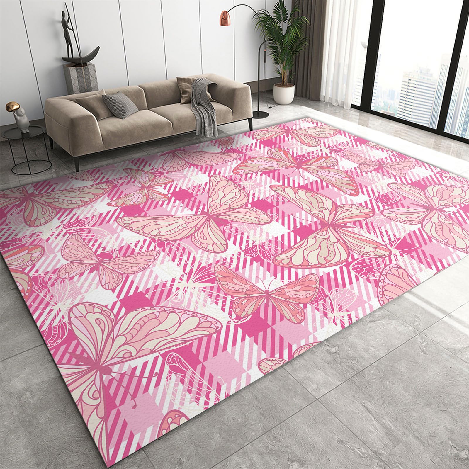 FIEMAR Area Rug 180x270cm Modern Abstract Aesthetic Rug, Pink Butterfly Print Checkerboard School Rugs, Non Slip Kid and Pet-Friendly Living Room Rugs, Soft Washable Rug for Home Office High-Traffic — image 1