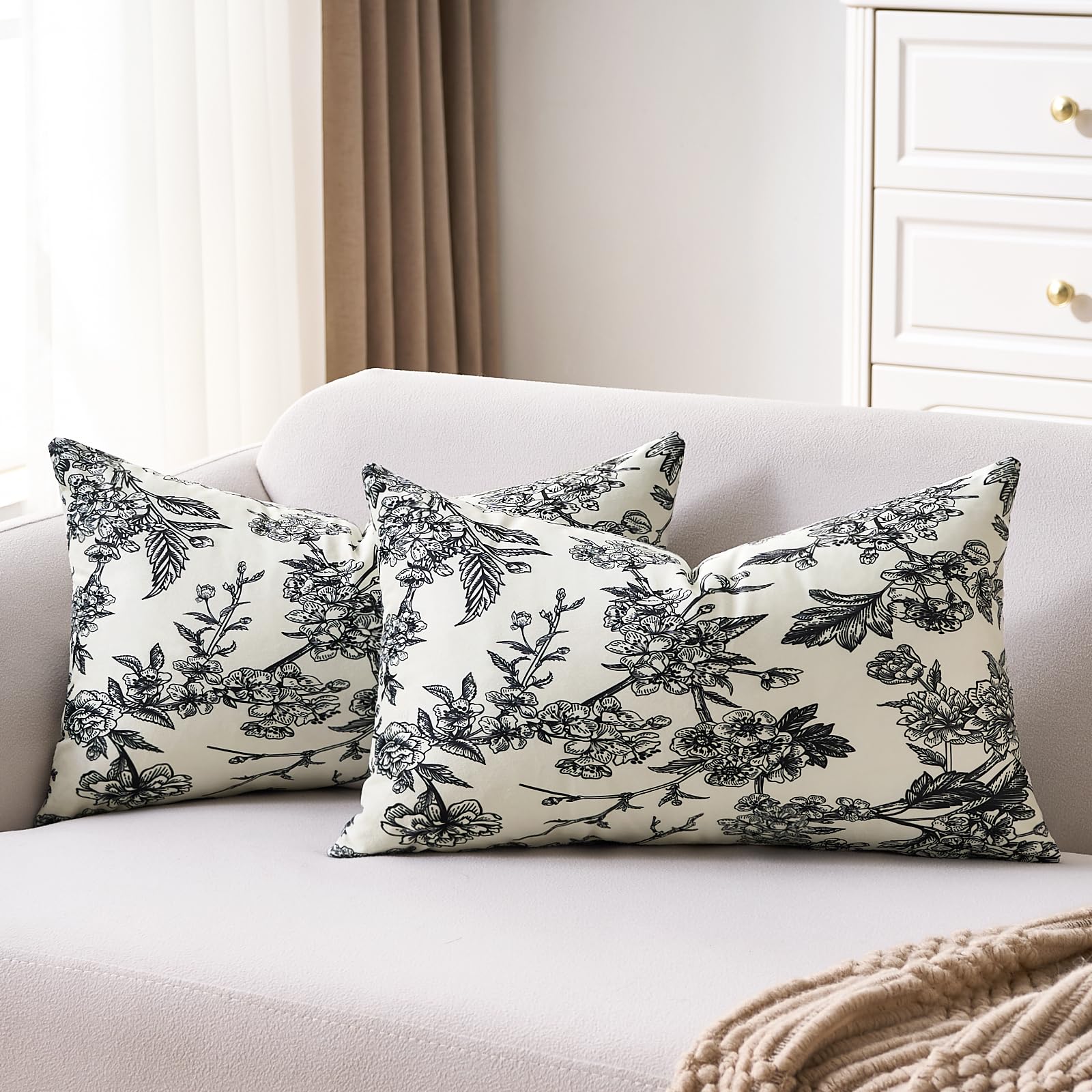 Housse de coussin bohème 30x50 cm lot de 2 style rustique chic motif floral noir et blanc pour lit
