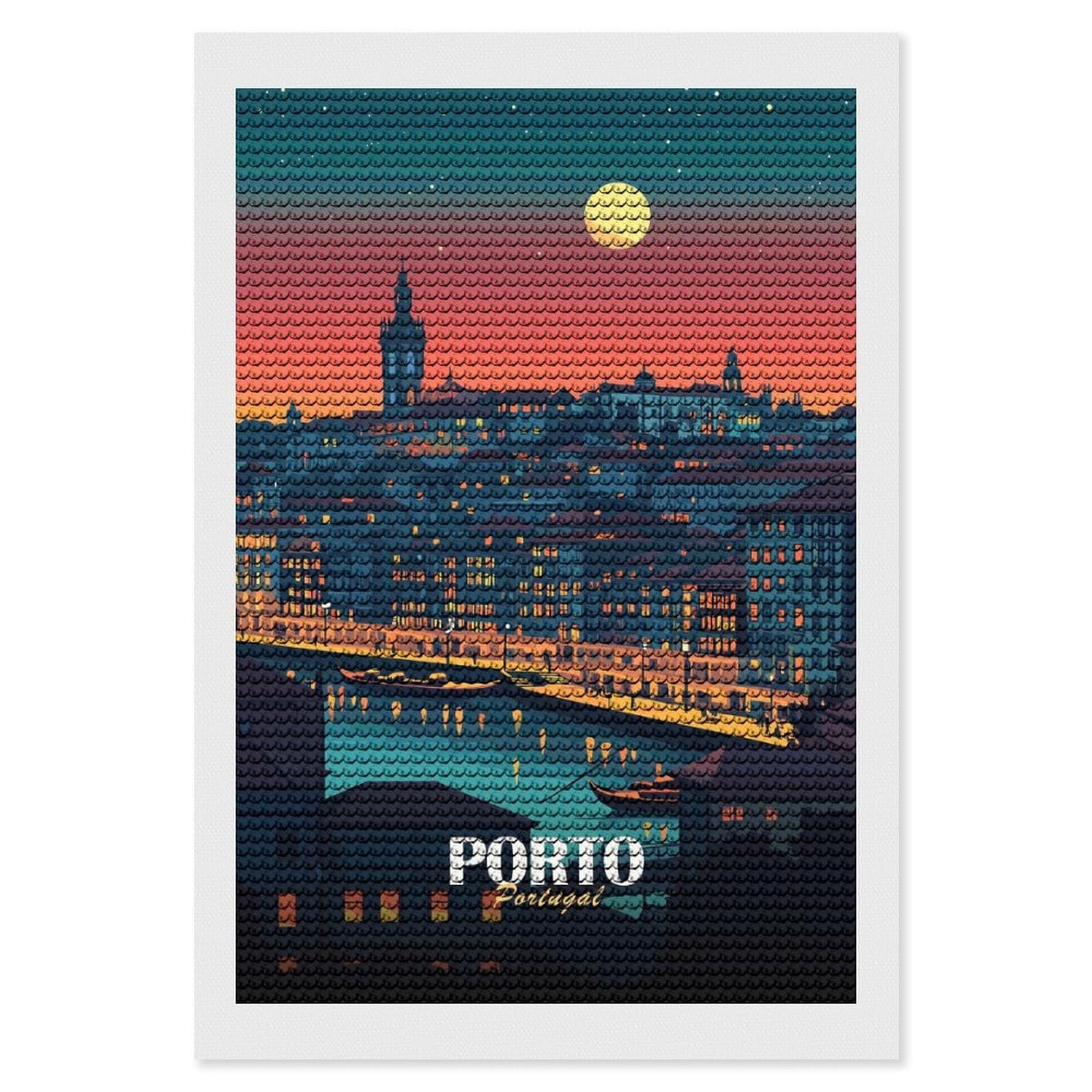 Junmoney Porto, Portugal at Night Diamond Painting Kit 8"x12", Thoughtful Handmade Gift, for Creative Relaxation, Printed Canvas, Cosy Home Accent