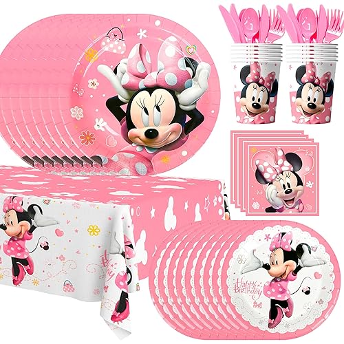 Minnie Birthday Party Supplies,113pcs Minnie Mouse Party Decorations Tableware Set- Minnie Mouse Plates and Napkins Cups&Minnie Mouse Table Cloth etc