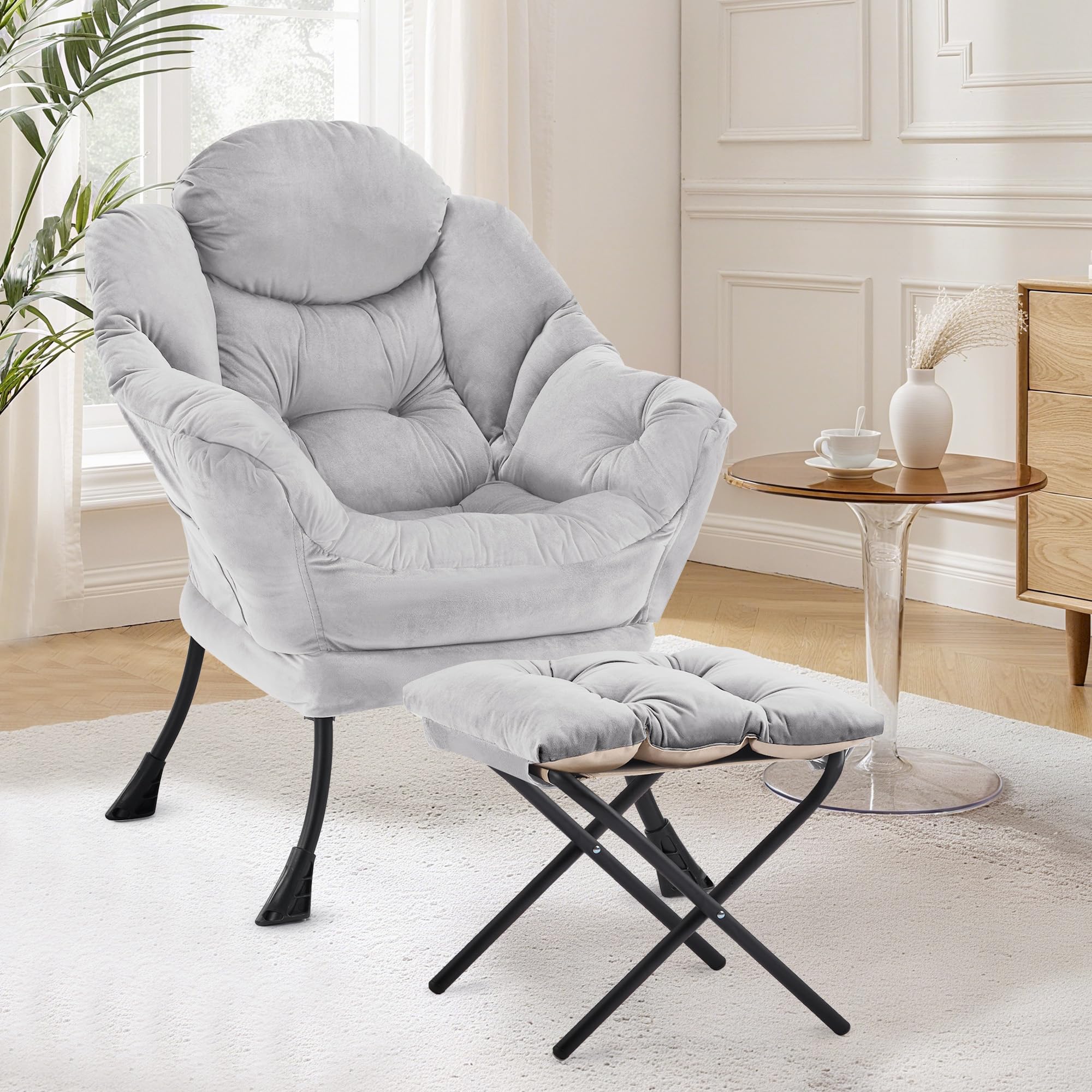 XH.Easy Go Lazy Chair with Ottoman, Accent Lounge Reading Arm Chair with Footstool, Leisure Armchair for Living Room Bedroom Comfy Arm Chairs with Footrest and Side Pocket, Grey — image 1