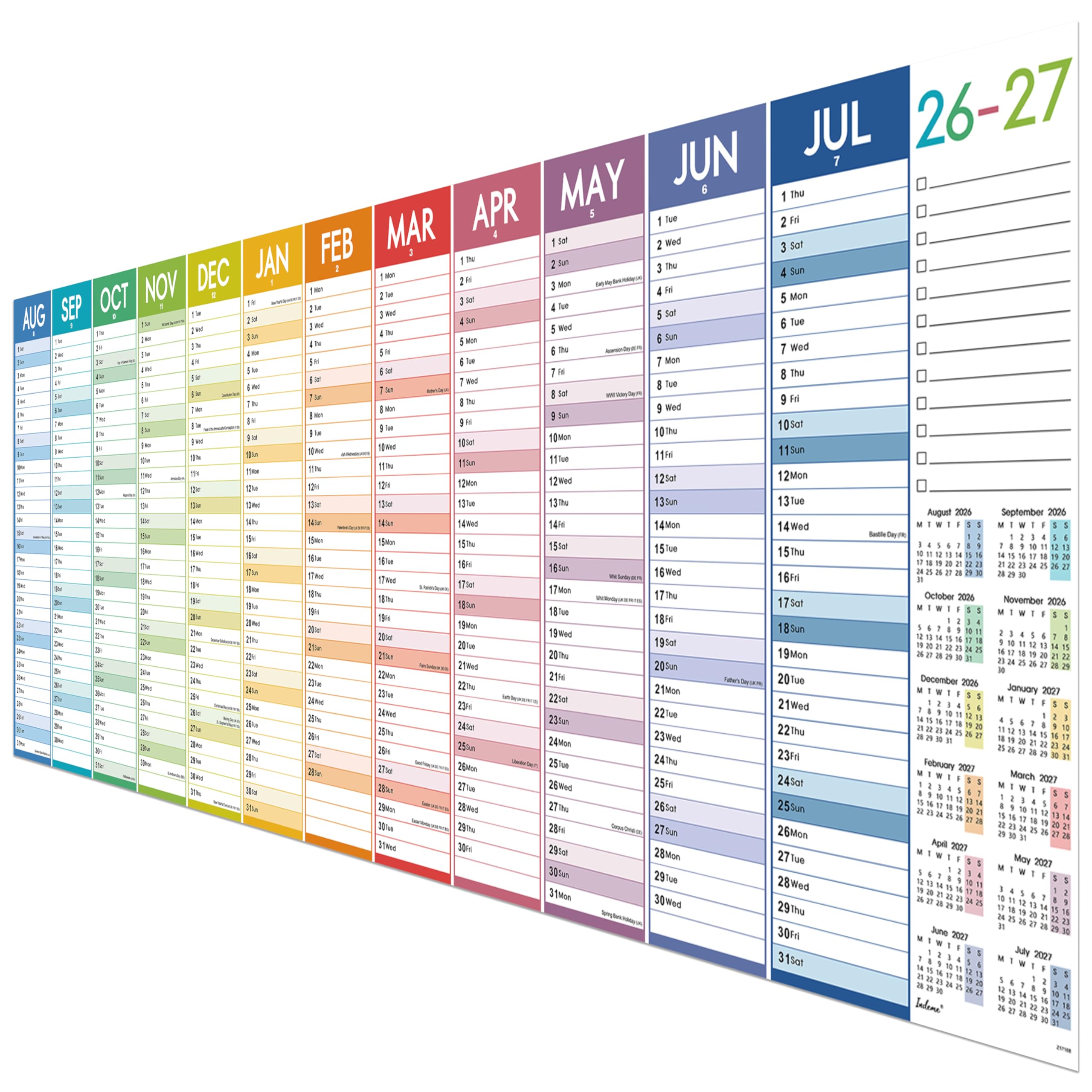 Indeme 2026-2027 Wall Planner - Wall planner 2026-2027 Large with Thick Paper, August 2026 - July 2027 Wall Calendar, 47.5" x 16.5", XXXLarge, Gradient Colorful