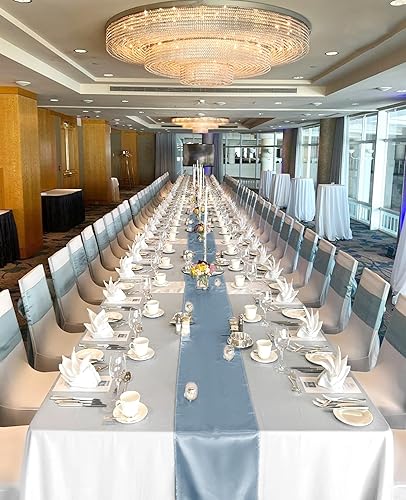 Miniatura 8 de Paquete de 15 caminos de mesa de satén azul polvoriento de 12 x 108 pulgadas de largo para mesas redondas rectangulares, camino de mesa de satén