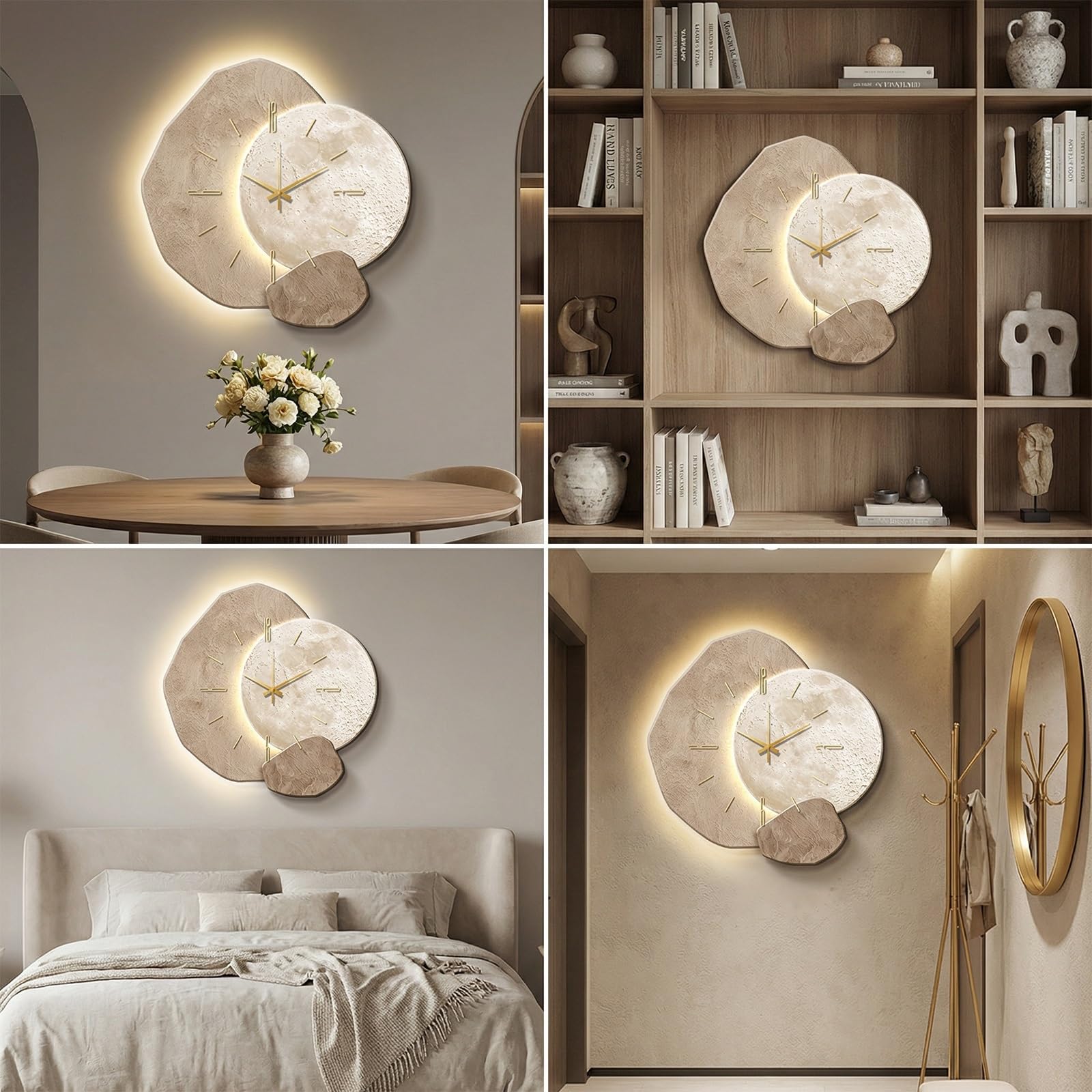 Orologio decorativo da parete 3D con luce a LED, orologio silenzioso decorativo moderno, grande scultura in pietra per soggiorno, design retroilluminato