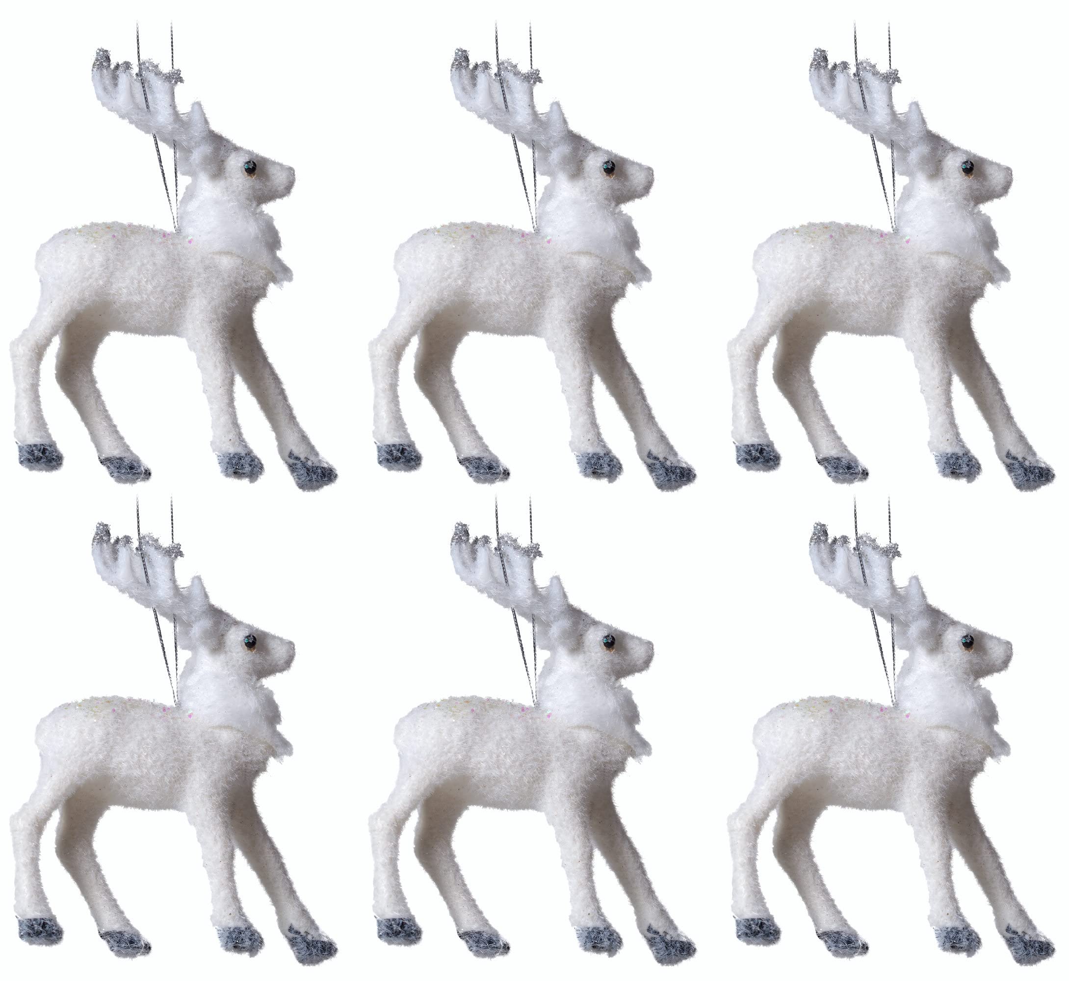 Gem Imports Silver,White White Flock Reindeer Stag Christmas Tree Baubles Decorations (Set Of 6)