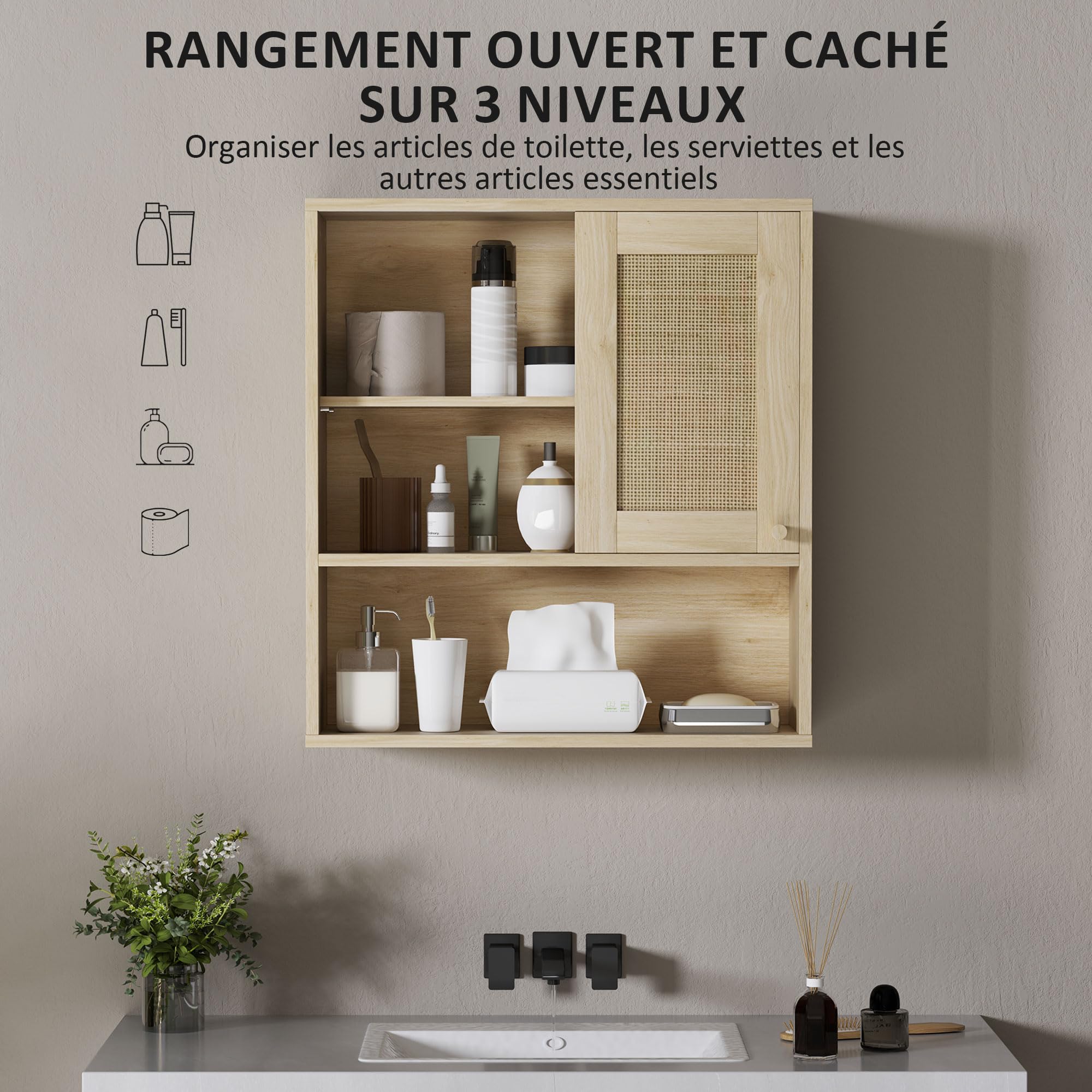 HOMCOM Armoire murale, meuble haut salle de bain avec porte coulissante en rotin et étagères ouvertes, meuble de salle de bain style bohème, meuble de rangement suspendu, 60 x 20 x 65 cm, bois naturel